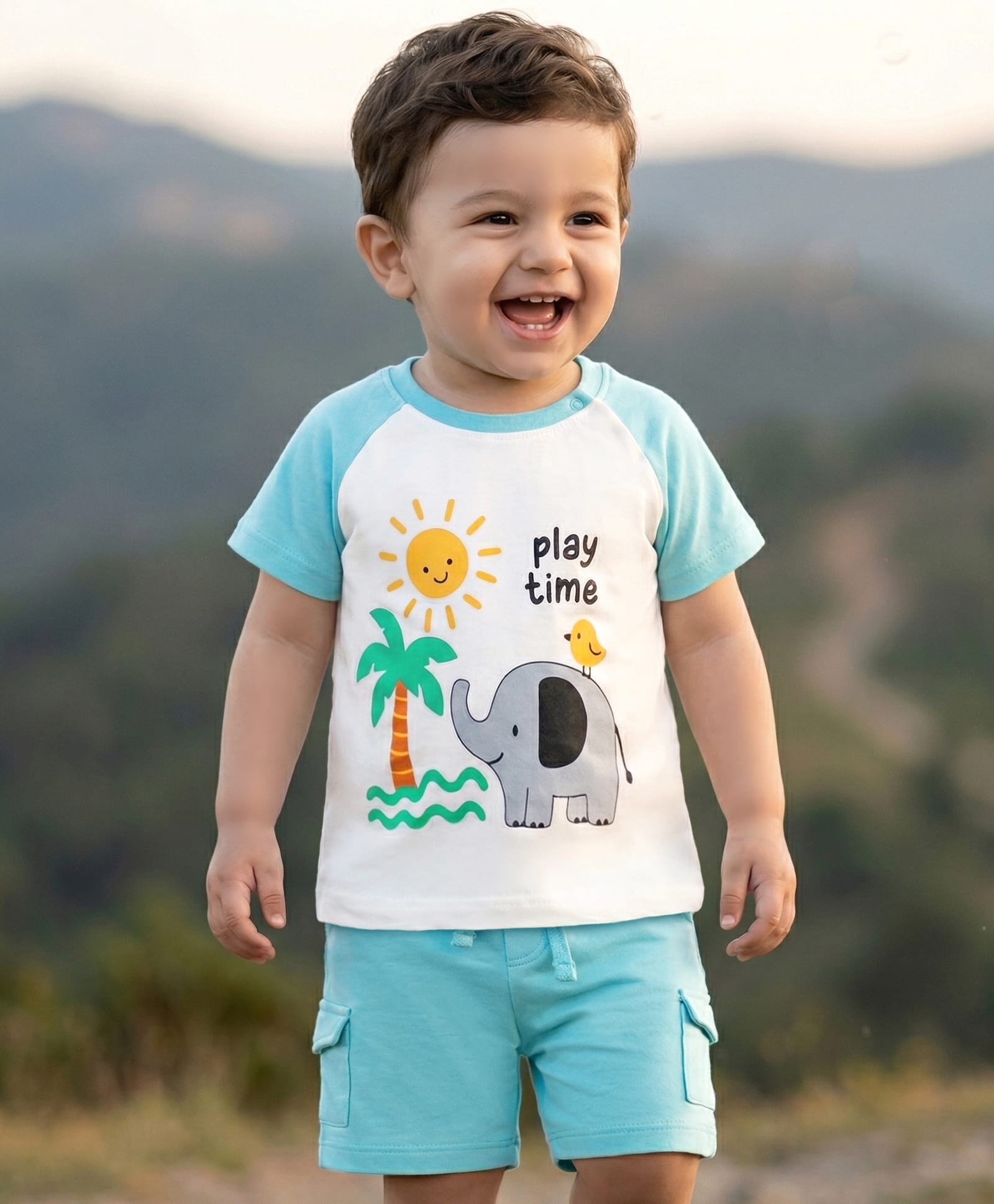 Babyhug Single Jersey Knit Half Raglan Sleeves T-Shirt & Shorts Set with Play Time Print - Aqua Blue-picture-28