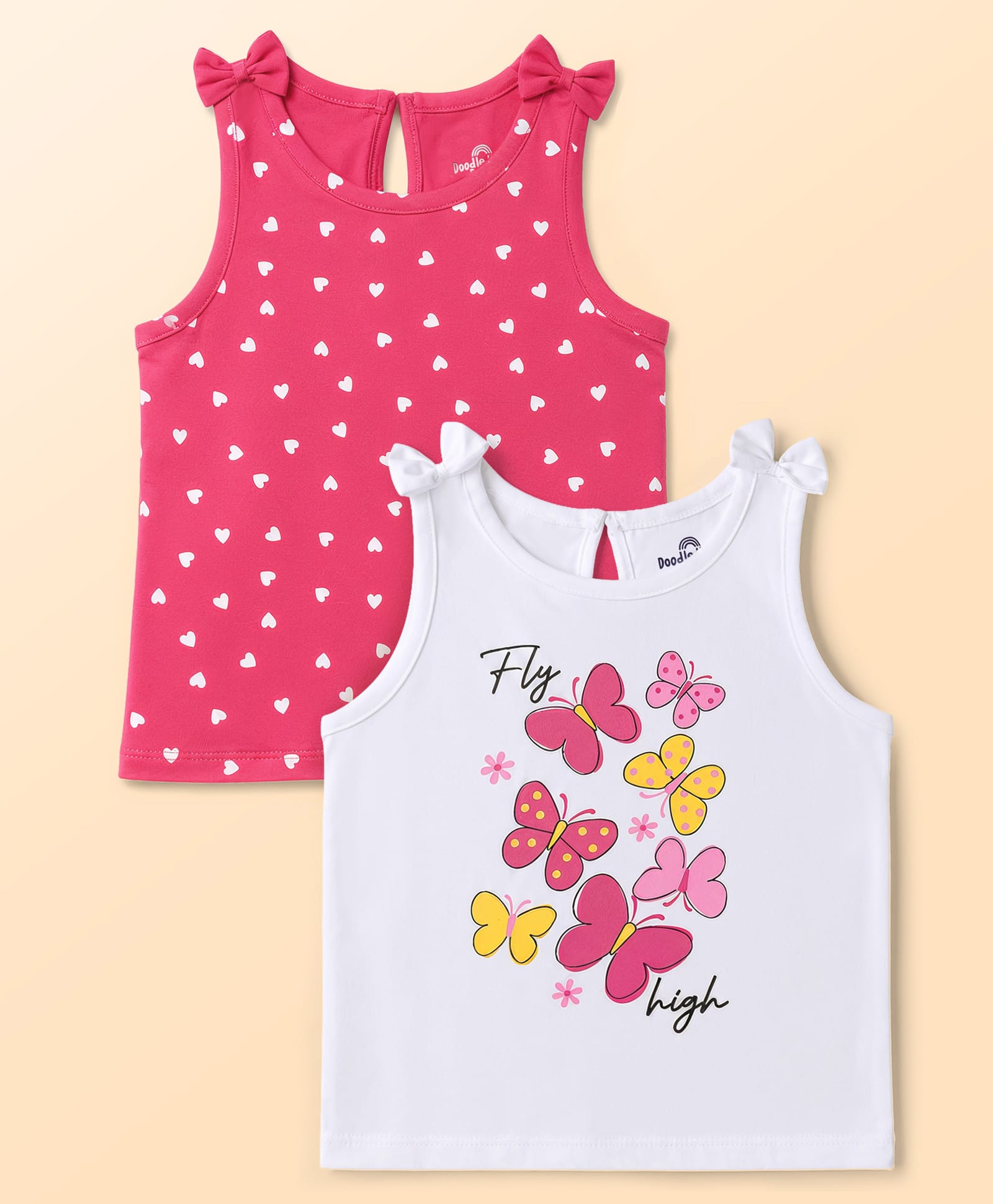 Doodle Poodle 100% Cotton Single Jersey Knit Sleeveless Tops With Heart & Butterfly Print Pack of 2 - White & Pink-image-36