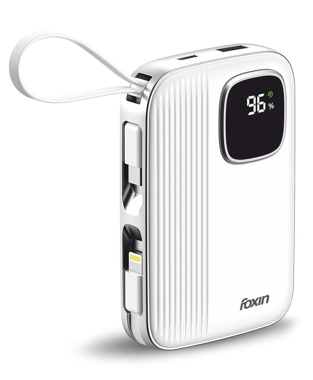Foxin ChargeX 10 Pocket Power Bank 10000 mAh 22.5W Super Fast Charging | Type C & 8 Pin Dual Output Ports| Type C & USB Input & Output |Supports Android, Apple, Tablets | Built-in-Cable - White-image-3
