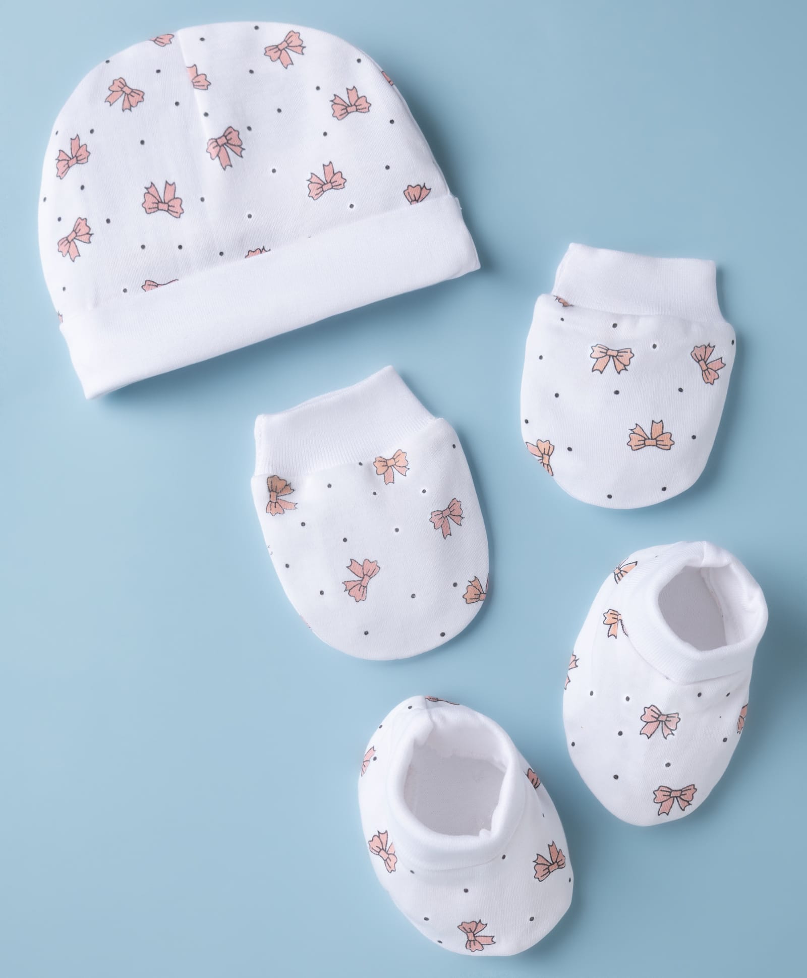 Babyoye 100% Cotton Interlock Knit Cap Mittens & Booties with Bow Print White - Diameter 14 cm-picture-34