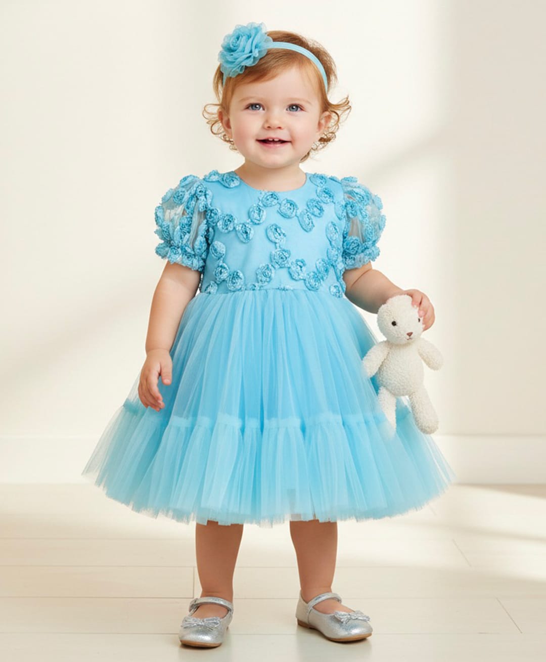 Many frocks & Net Woven Half Puffed Sleeves Floral Applique Detailed Dress - Blue-image-43