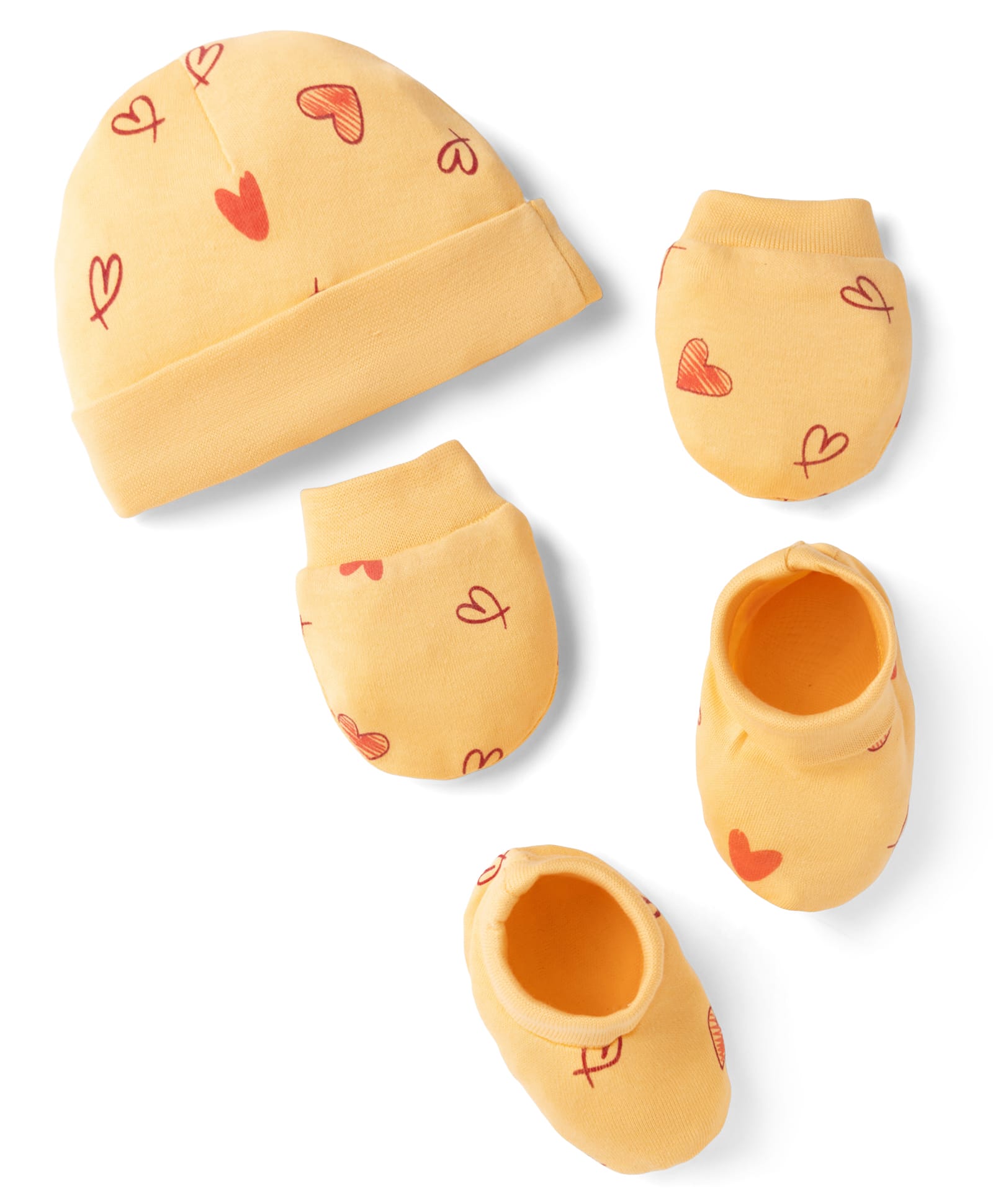 Babyoye 100% Cotton Interlock Knit Cap Mitten & Booties with Heart Print Eco Jiva Finish Yellow - Diameter 14 cm-picture-2