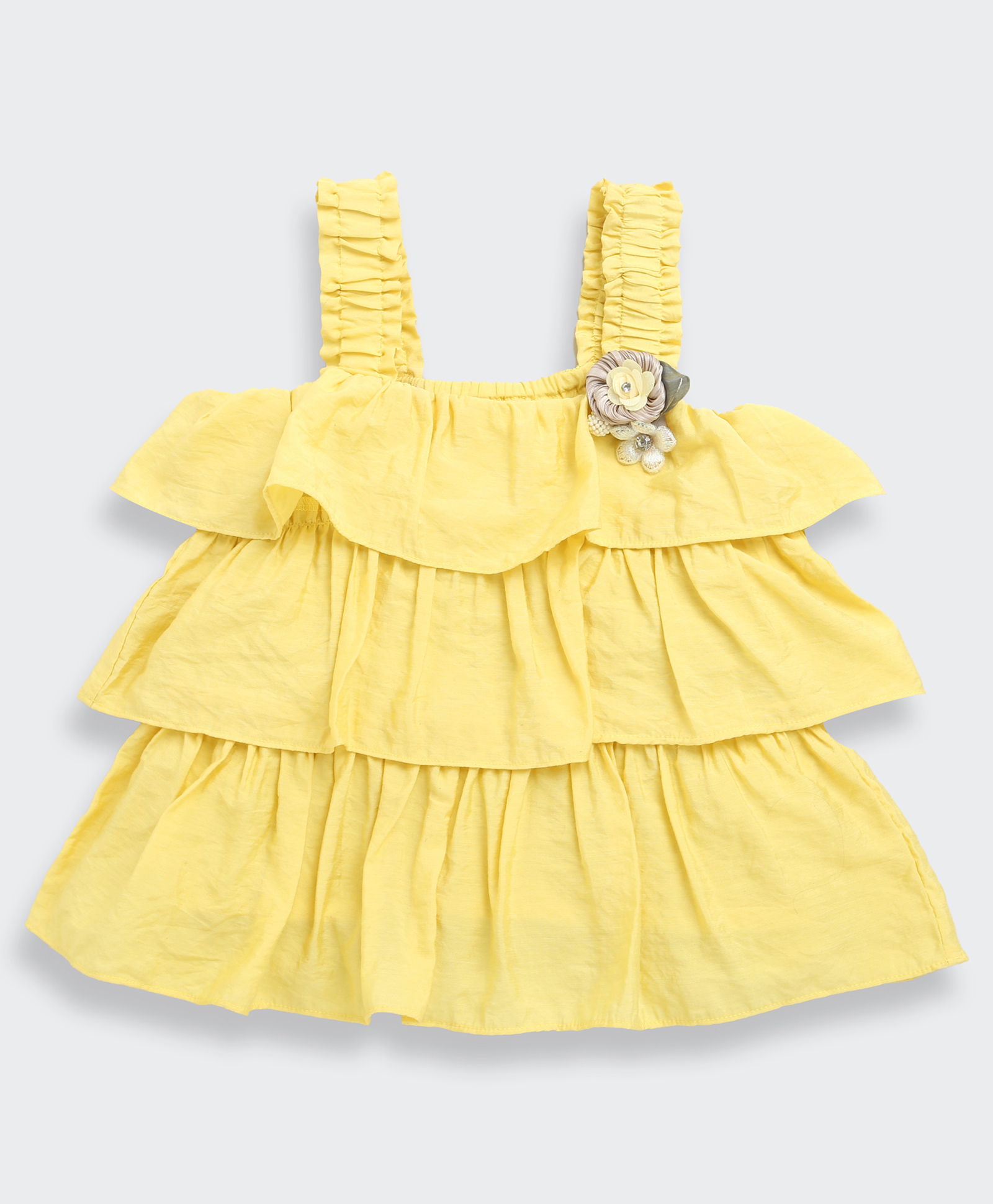 Tiny Girl Cotton Woven Sleeveless Floral Applique Detailed Layered Top - Yellow-picture-34