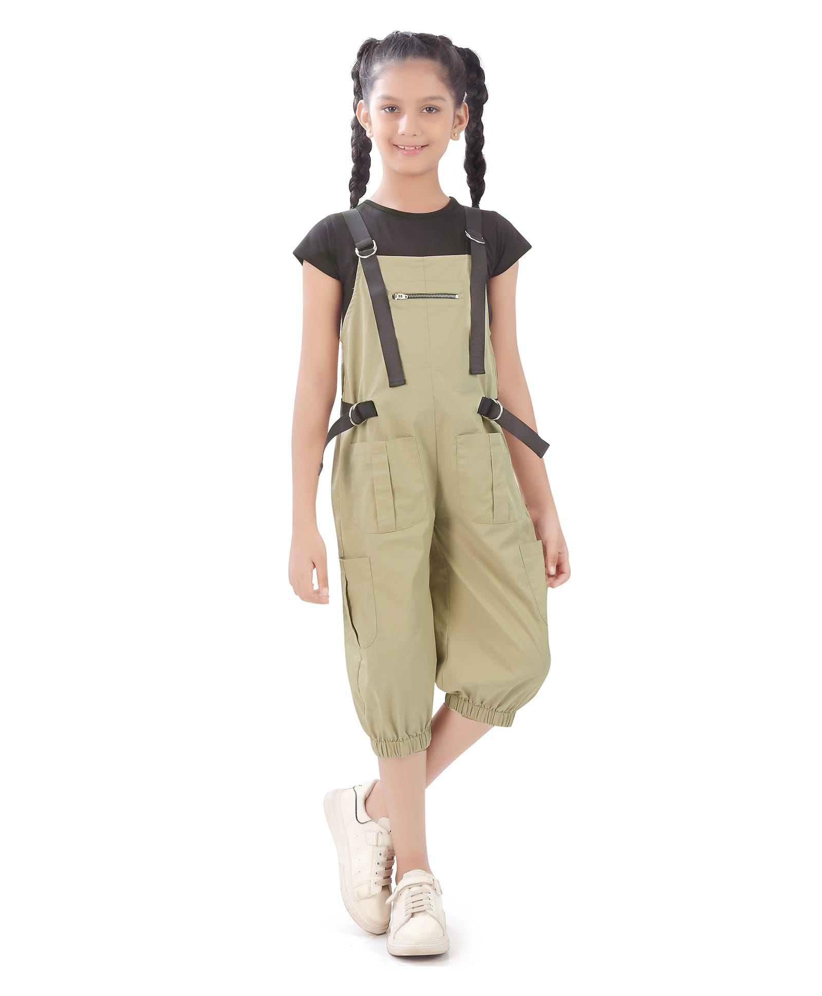 Tiny Girl Cotton Woven Solid Dungaree With Cap Sleeves Tee - Fawn-picture-33