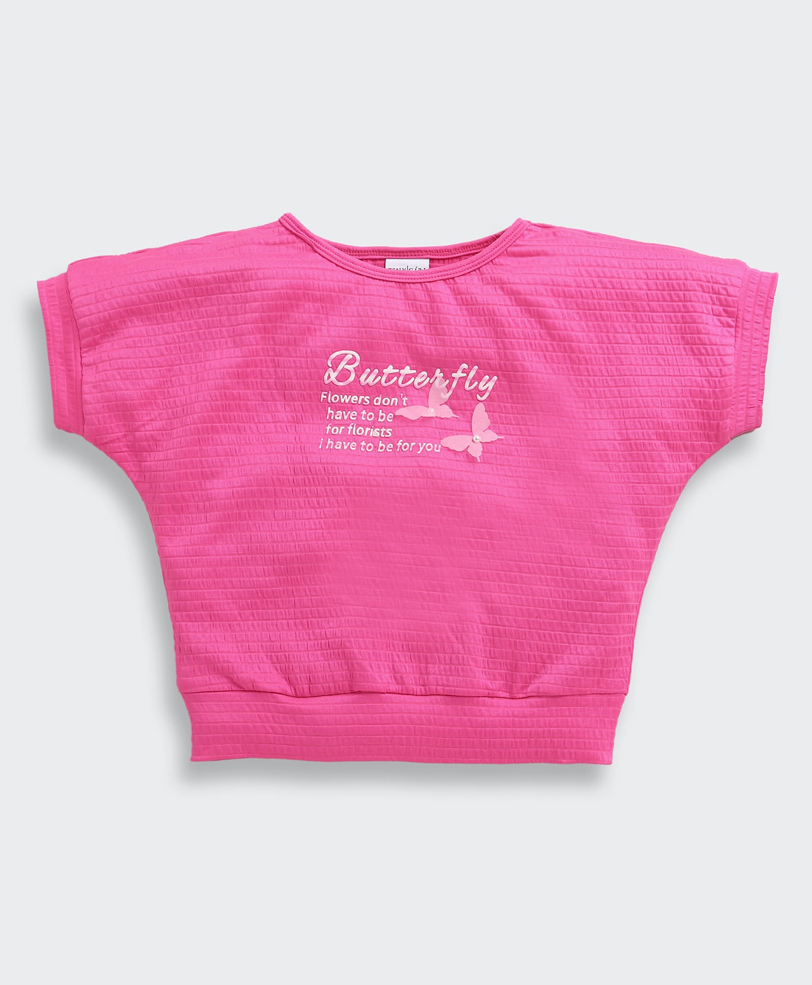 Tiny Girl Woven Half Sleeves Butterfly Text Printed Crop Top - Hot Pink-picture-24