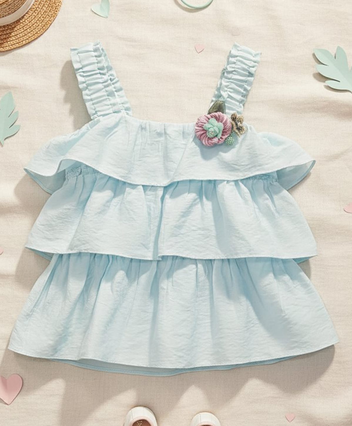 Tiny Girl Cotton Woven Sleeveless Floral Applique Detailed Tiered Top - Blue-picture-25