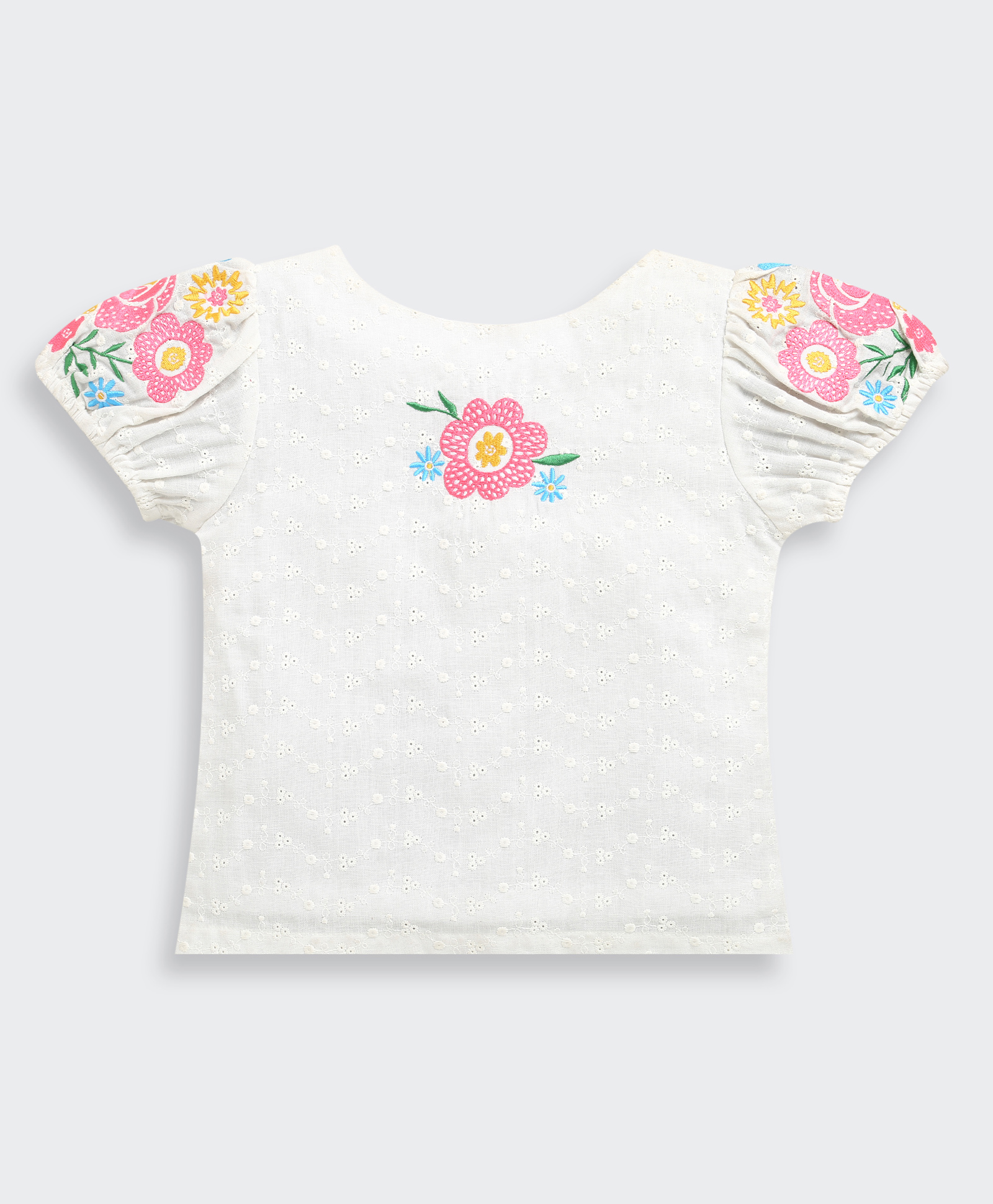 Tiny Girl Cotton Woven Puff Sleeves Floral & Schiffli Embroidered Top - White-picture-16