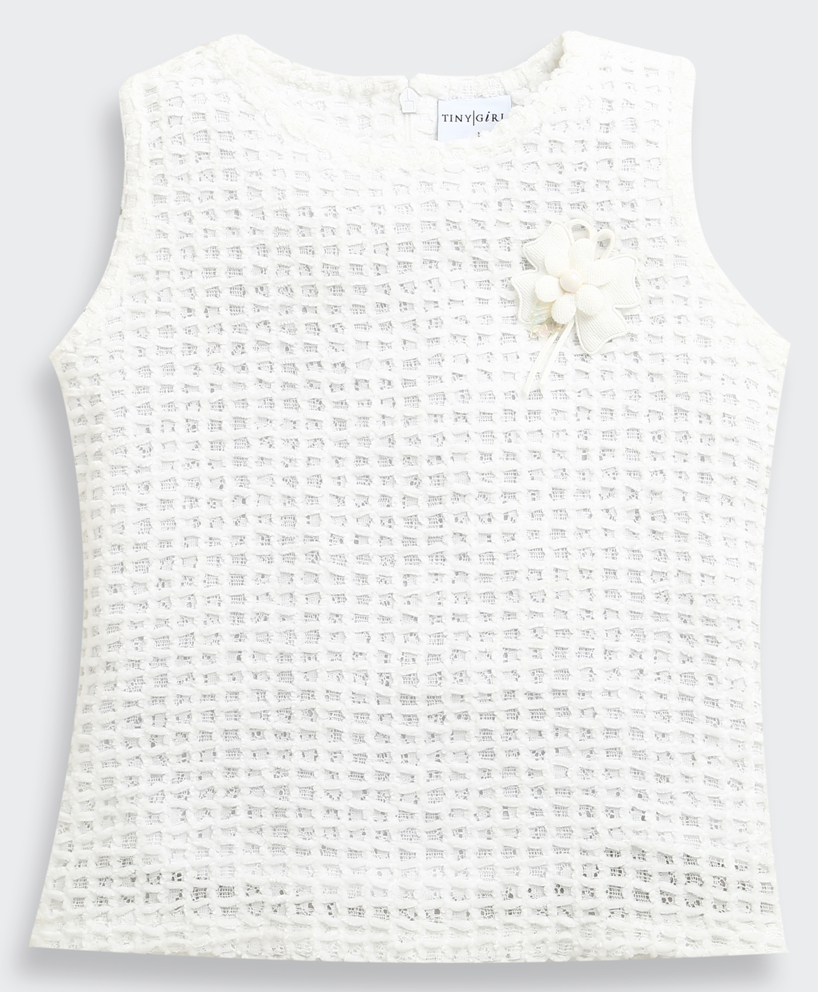 Tiny Girl Woven Sleeveless Textured Bead Embellished Floral Applique Detailed Top - White-picture-11
