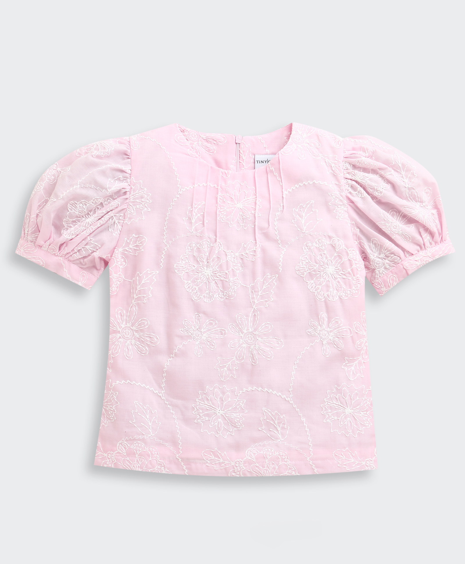 Tiny Girl Cotton Woven Half Puffed Sleeves Floral Embroidered Top - Pink-image-34