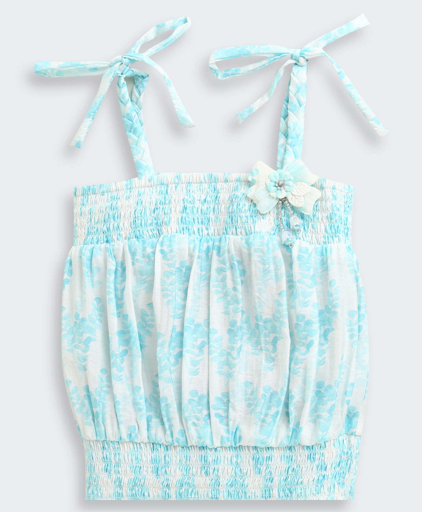 Tiny Girl Cotton Woven Leaves Printed & Smocked Detailed Top - Sky Blue-picture-15