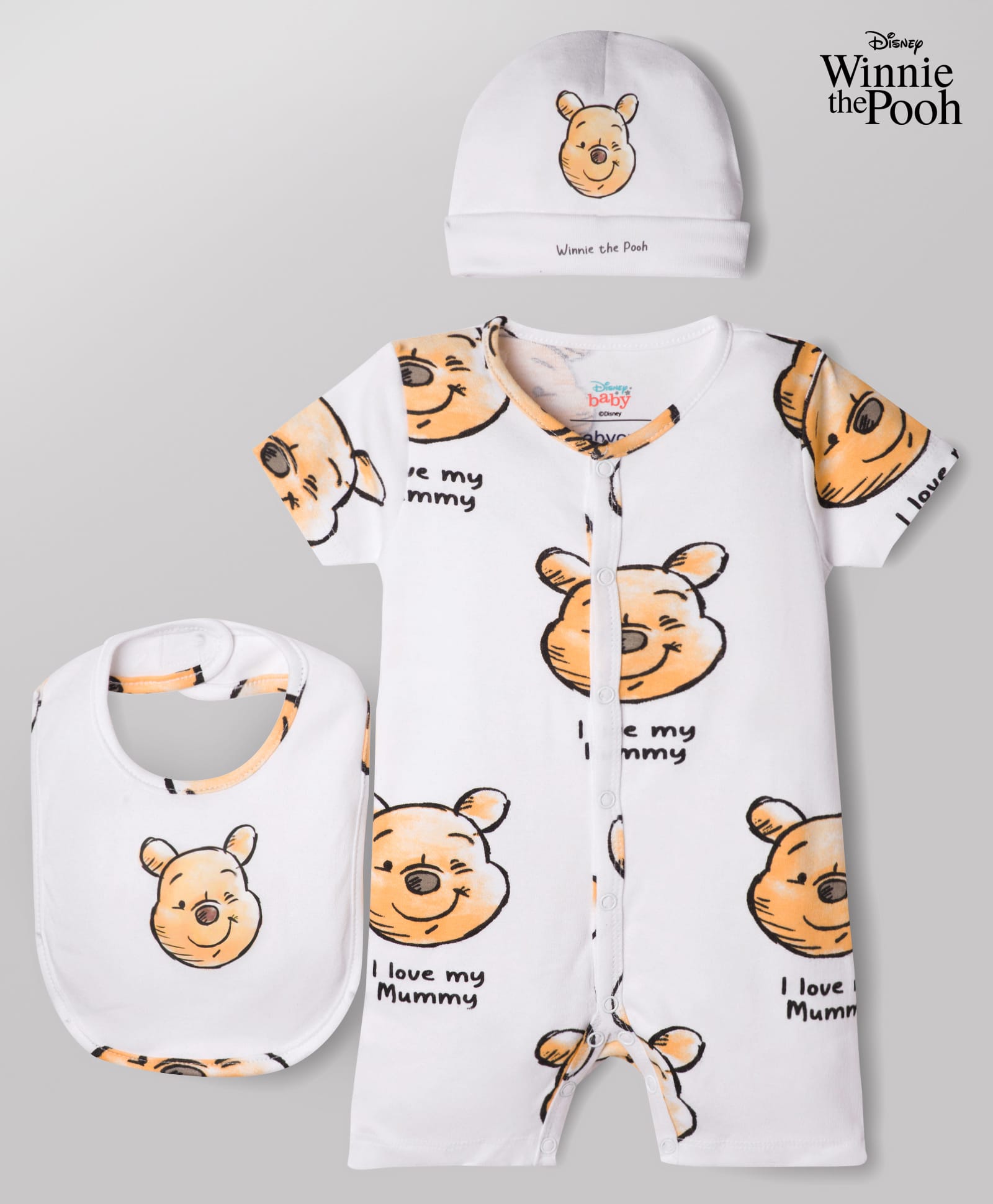 Babyoye Disney 100% Cotton Knit Half Sleeves Romper With Bib & Cap With Winnie The Pooh Graphic - Multicolor-picture-18