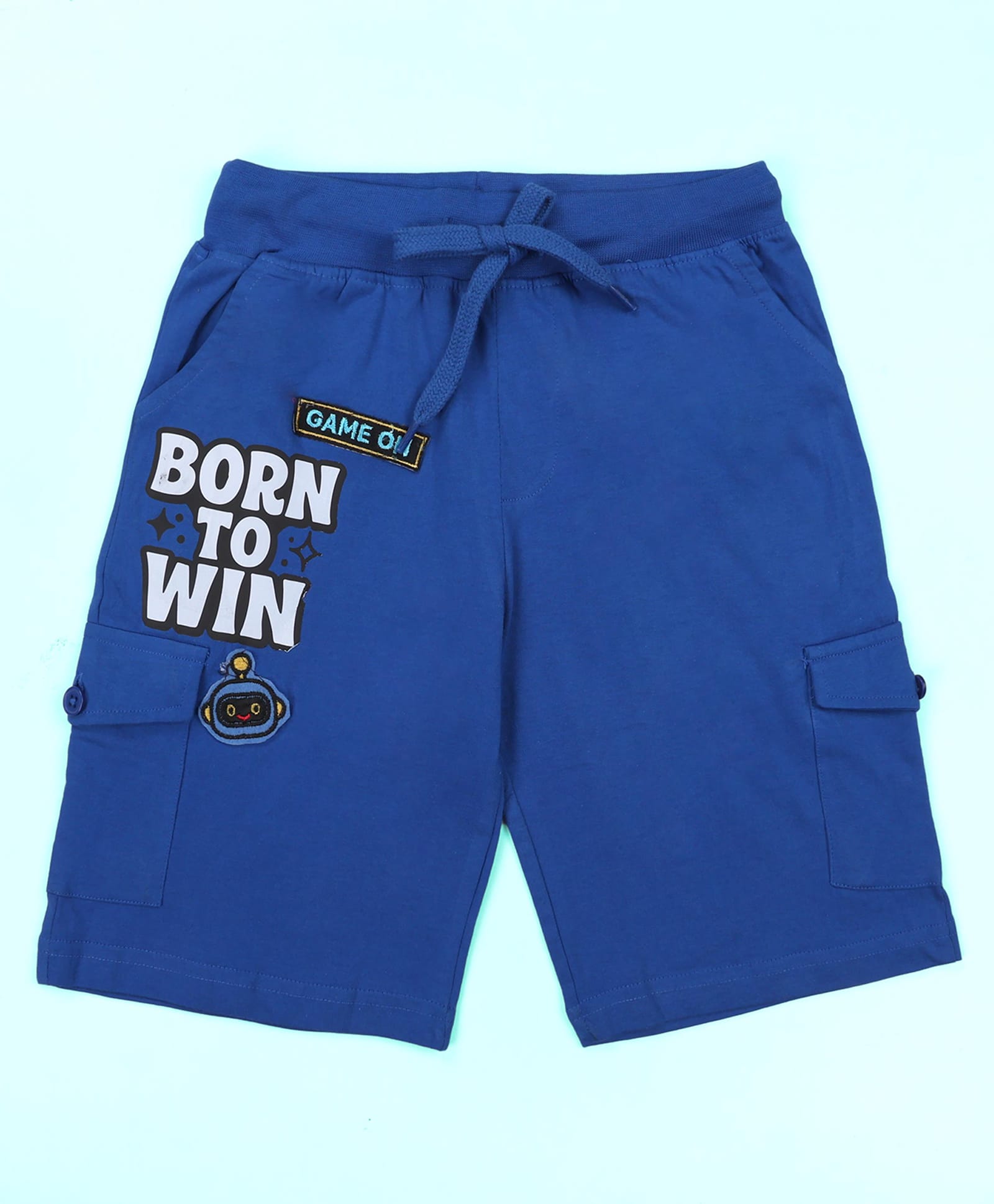 Kiddopanti Cotton Knit Born To Win Text Printed Cargo Shorts - Royal Blue-image-3