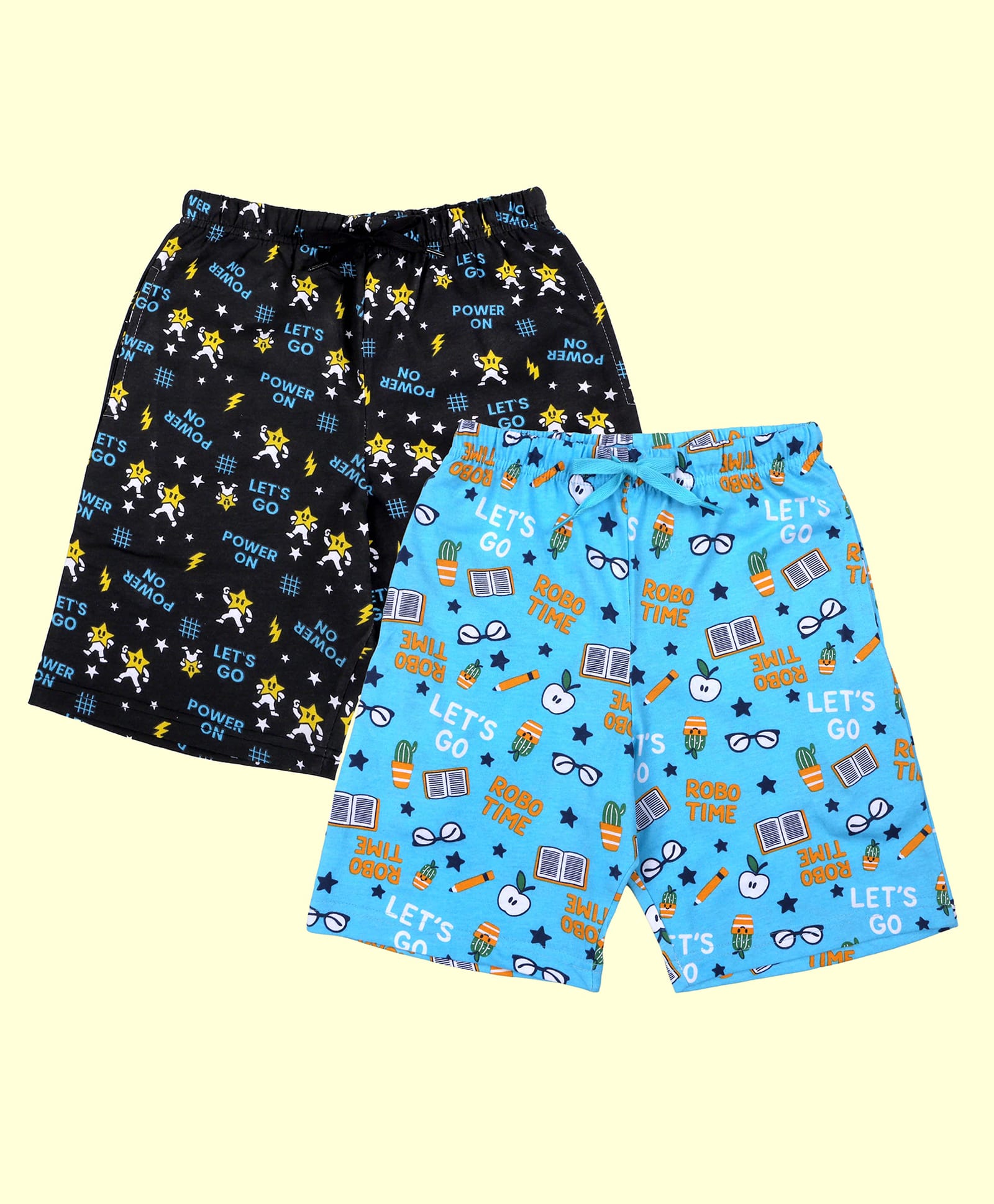 Kiddopanti Cotton Knit Pack Of 2 Robo Time & Power On Text Printed Shorts - Black & Light Blue-picture-28