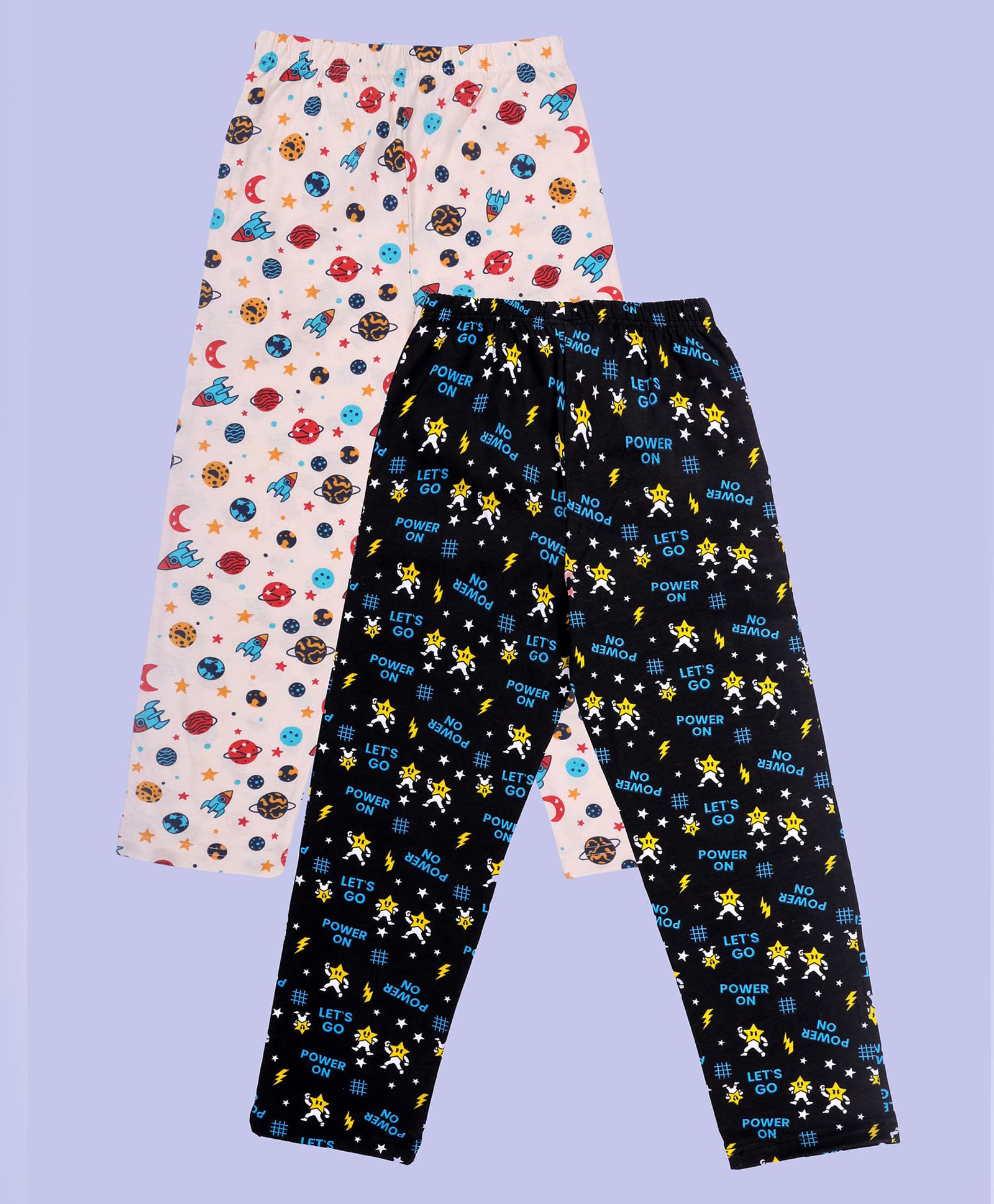 Kiddopanti Cotton Knit Pack Of 2 Space Theme & Power On Text Printed Shorts - Off White & Black-picture-11