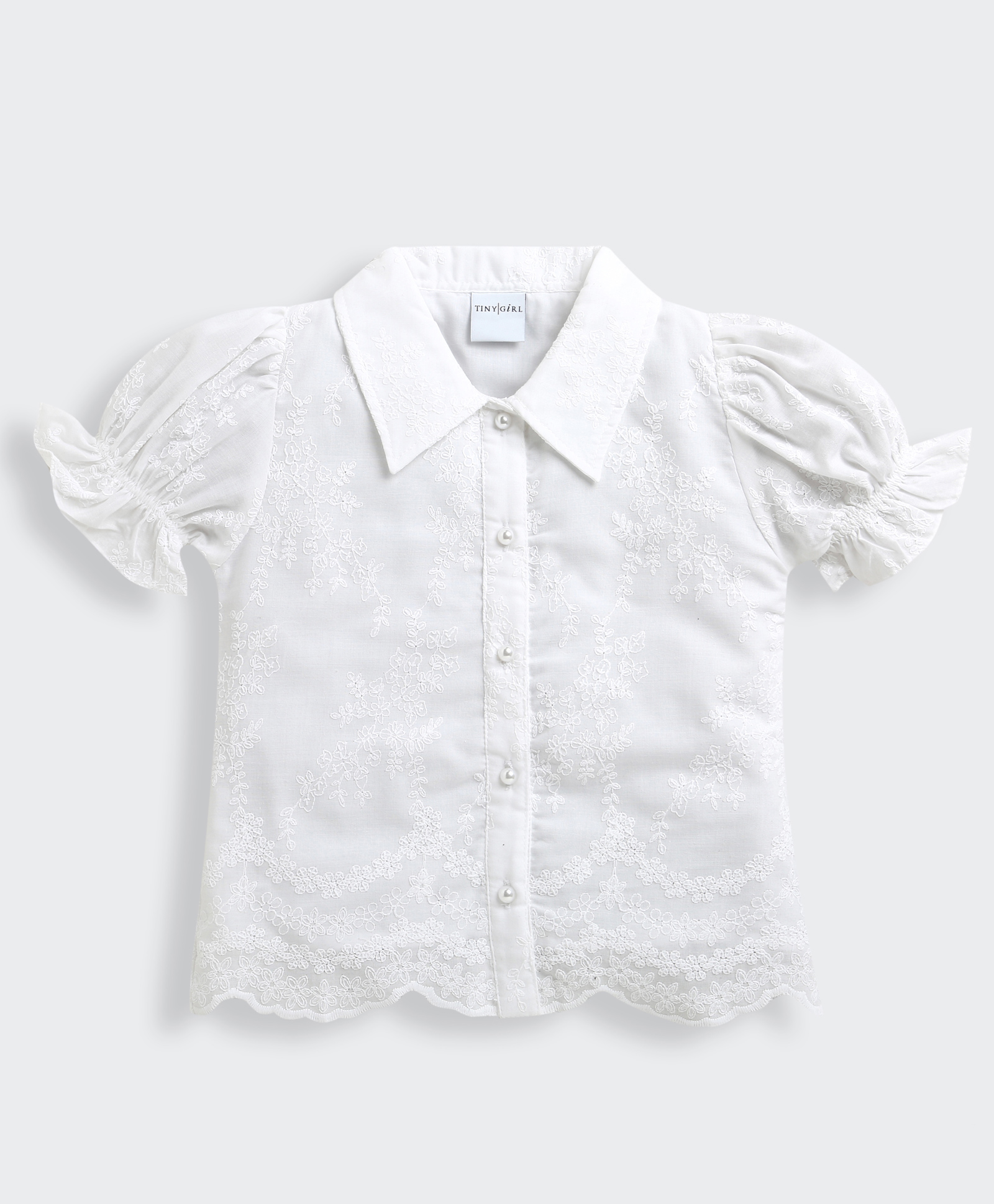 Tiny Girl Cotton Woven Half Puffed Sleeves Floral Embroidered Top - White-picture-36