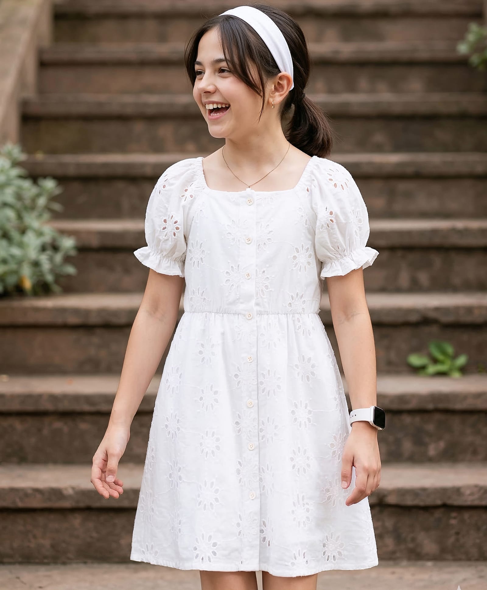 Pine Kids Schiffili Woven Half Puffed Sleeves Solid Colour Dress- White-picture-4