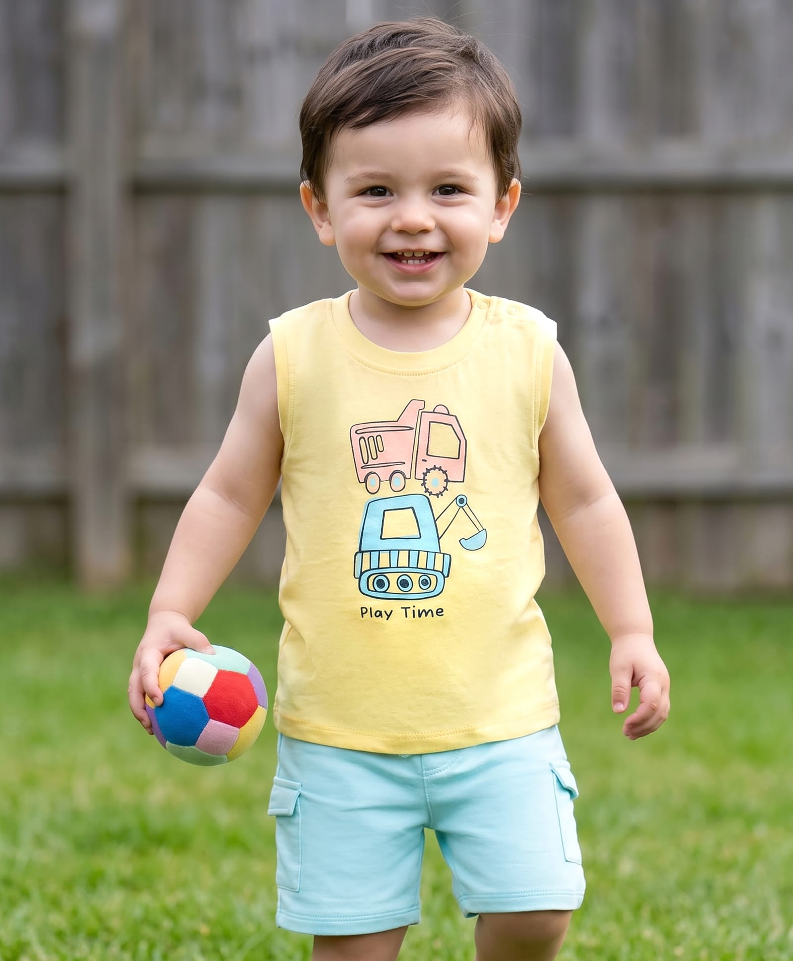 Babyhug Slub Jersey Knit Sleeveless Construction Vehicles Printed Tank T-Shirt & Shorts Set - Yellow & Light Blue-image-44