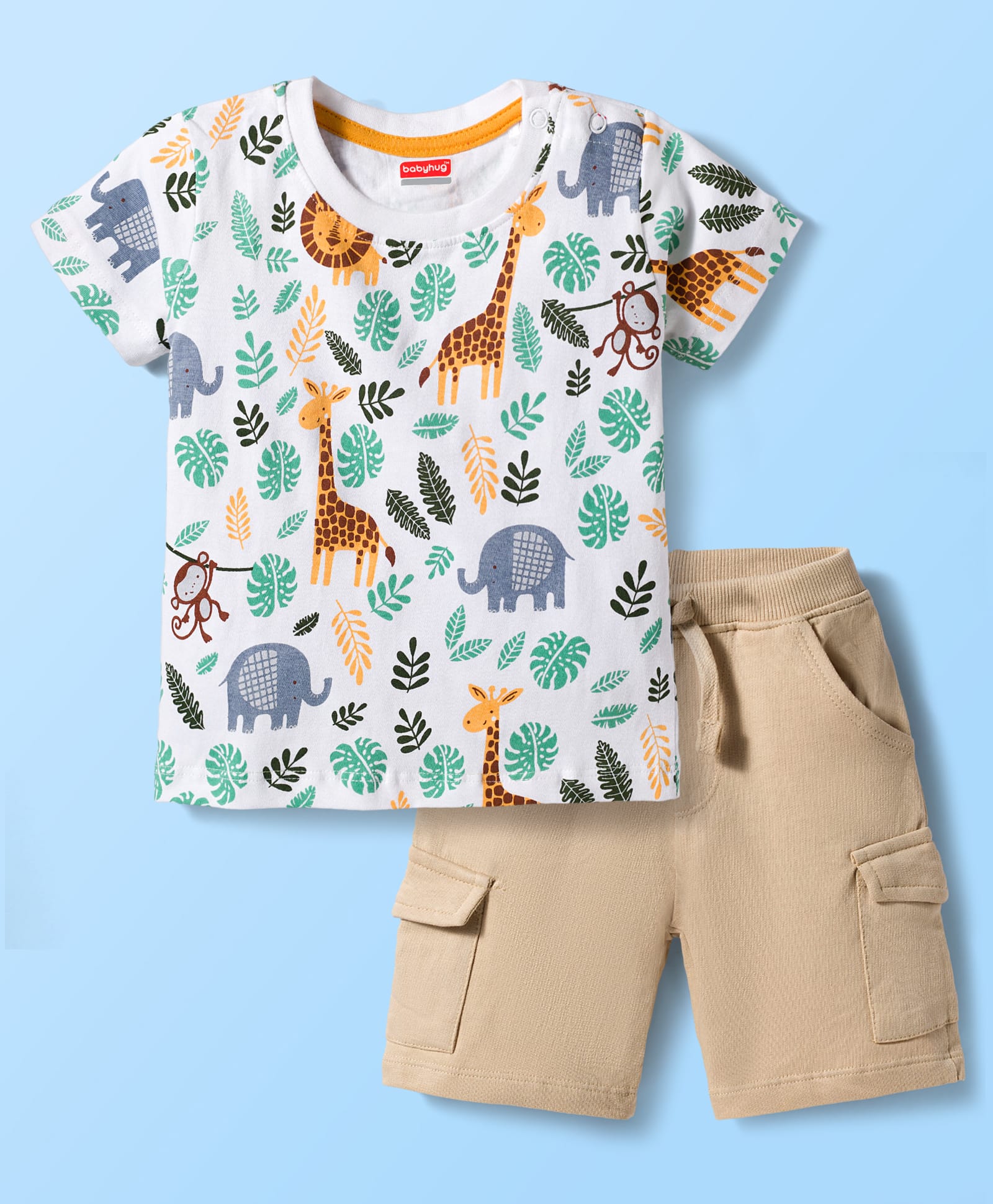Babyhug Single Jersey Knit Half Sleeves T-Shirt & Shorts Set with Jungle Theme Print - Beige-image-38