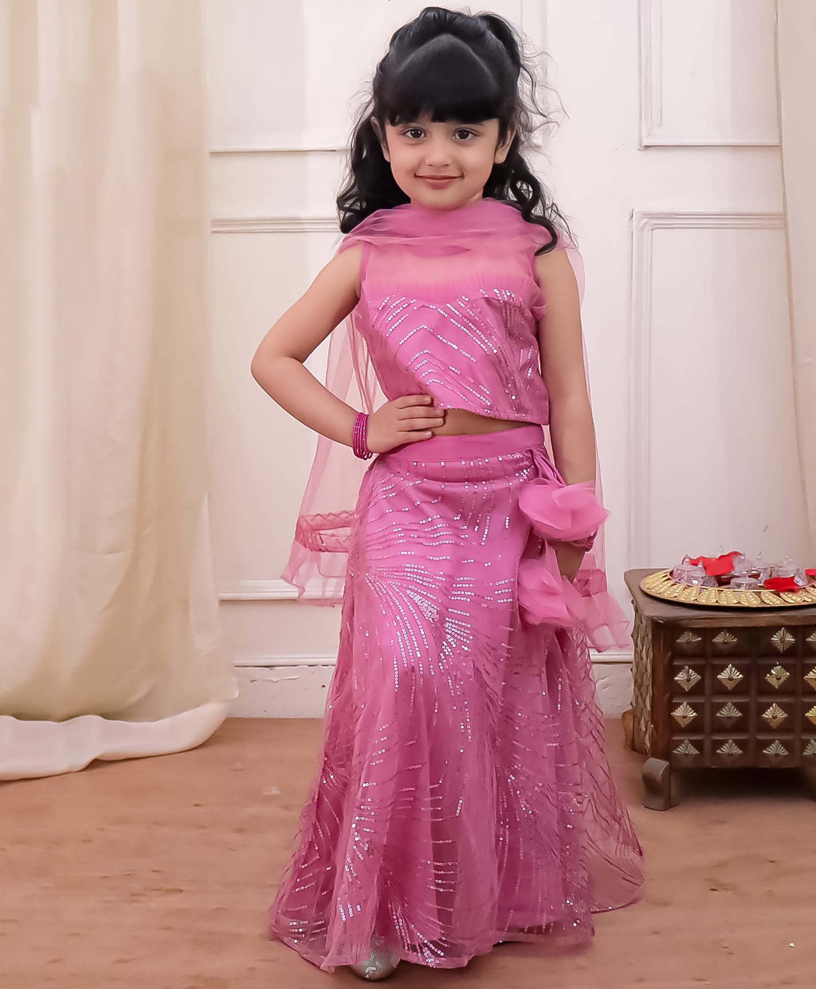 KID1 Net Woven Sleeveless Sequins Embellished Lehenga & Choli With Dupatta Set - Pink-picture-46