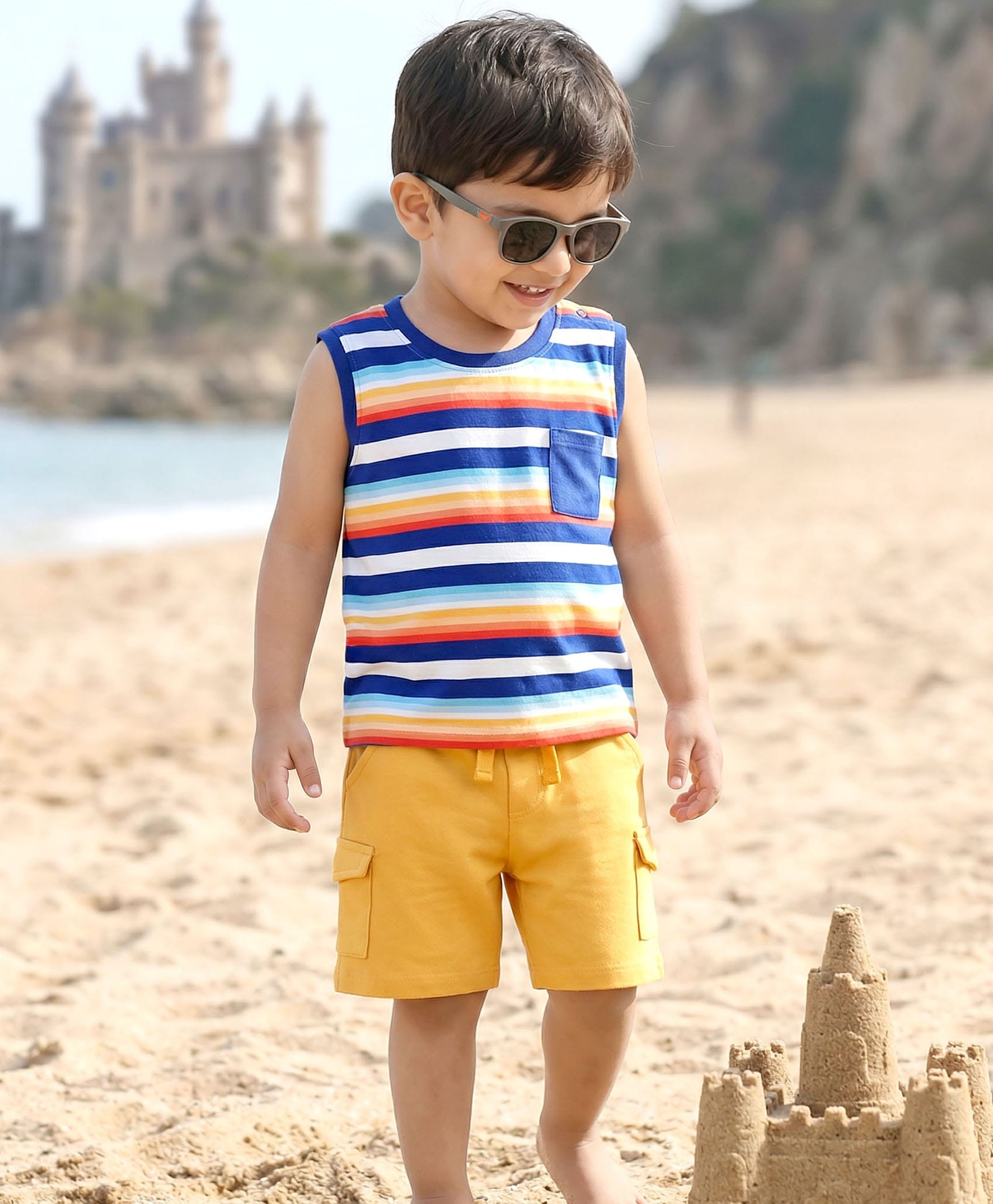 Kookie Kids Single Jersey Knit Sleeveless Striped T-Shirt & Shorts Set - Yellow & Navy Blue-image-28