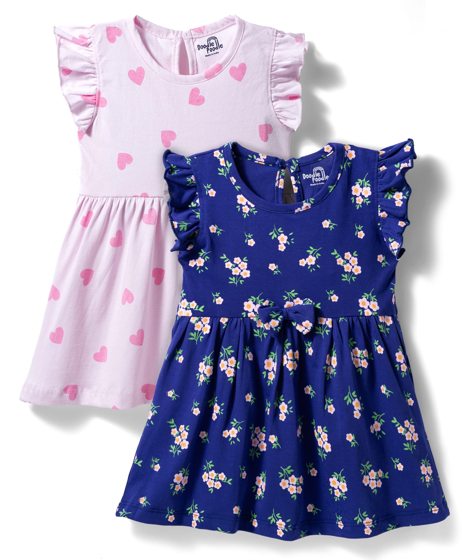 Doodle Poodle 100% Cotton Single Jersey Knit Half Sleeves Frocks With Floral & Heart Print Pack of 2 - Navy Blue & Pink-picture-19