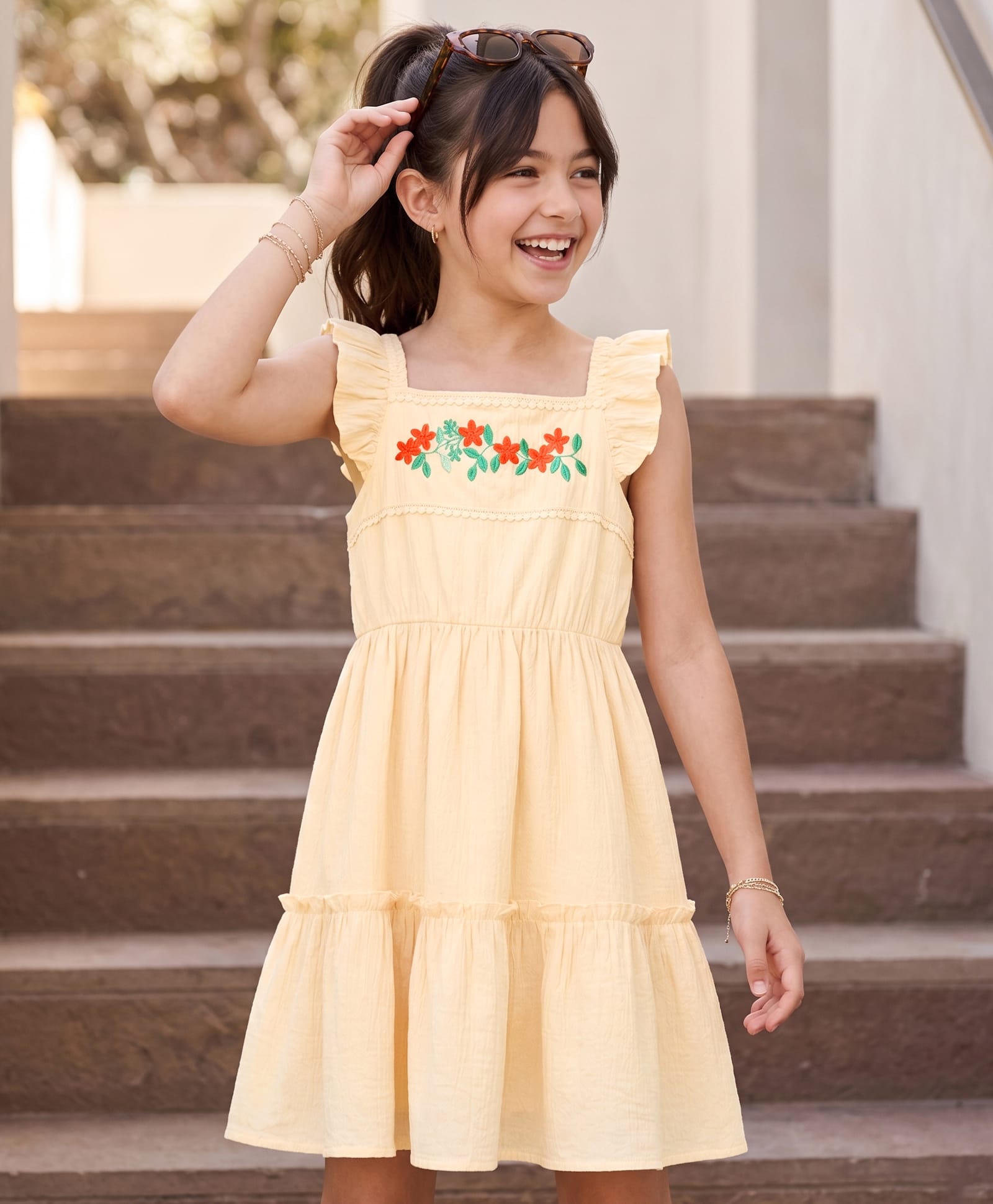 Pine Kids Cotton Woven One Piece Dress with Ruffled Sleeves and Embroidered Yoke Beige 7-8 Years-image-41