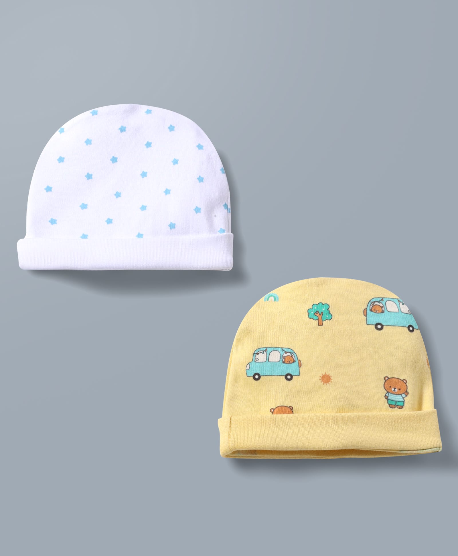 Babyhug 100% Cotton Knit Star & Vehicles Printed Caps Pack Of 2 - Diameter 9.5 cm-image-21