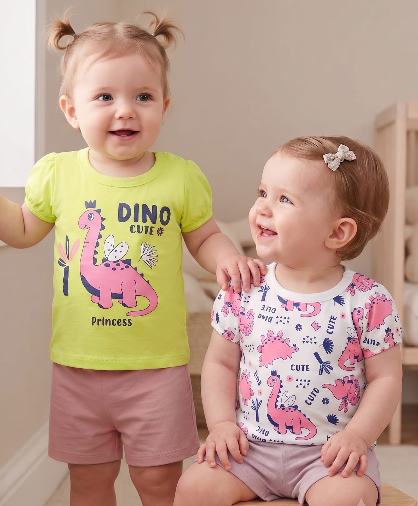Doodle Poodle 100% Cotton Knit Half Sleeves Tops With Dino Print Pack of 2 - Green & White-image-24