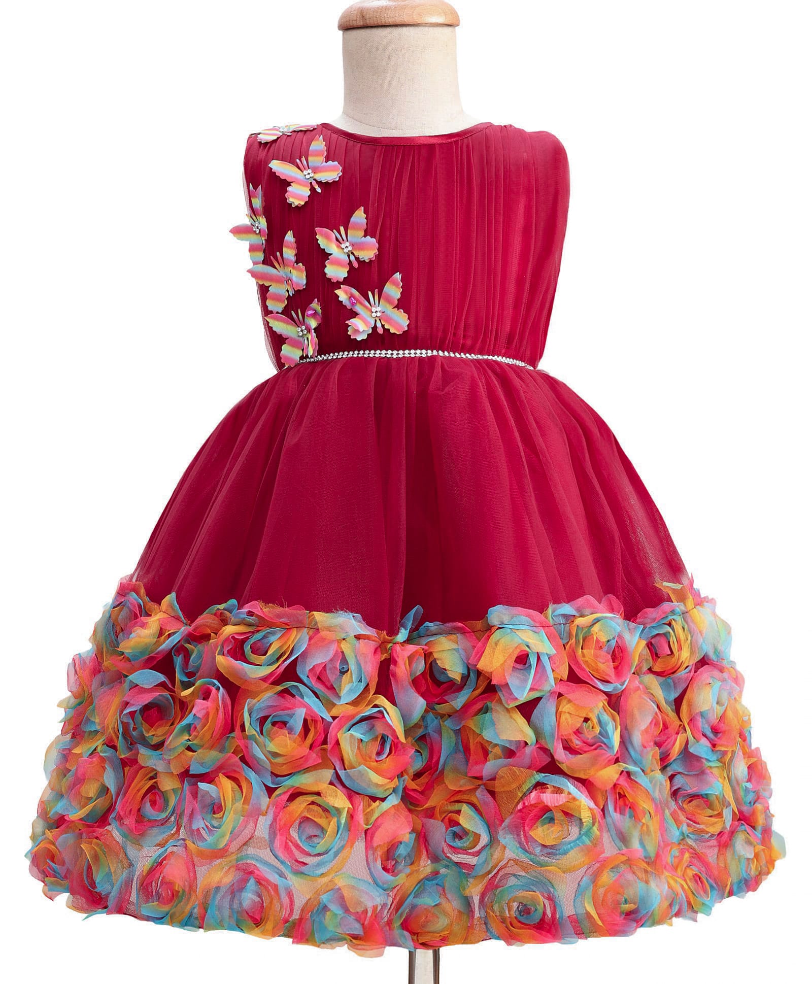 Enfance Net Knit Sleeveless Pleated Bodice & Butterfly Applique Detailed Party Dress - Maroon-picture-37