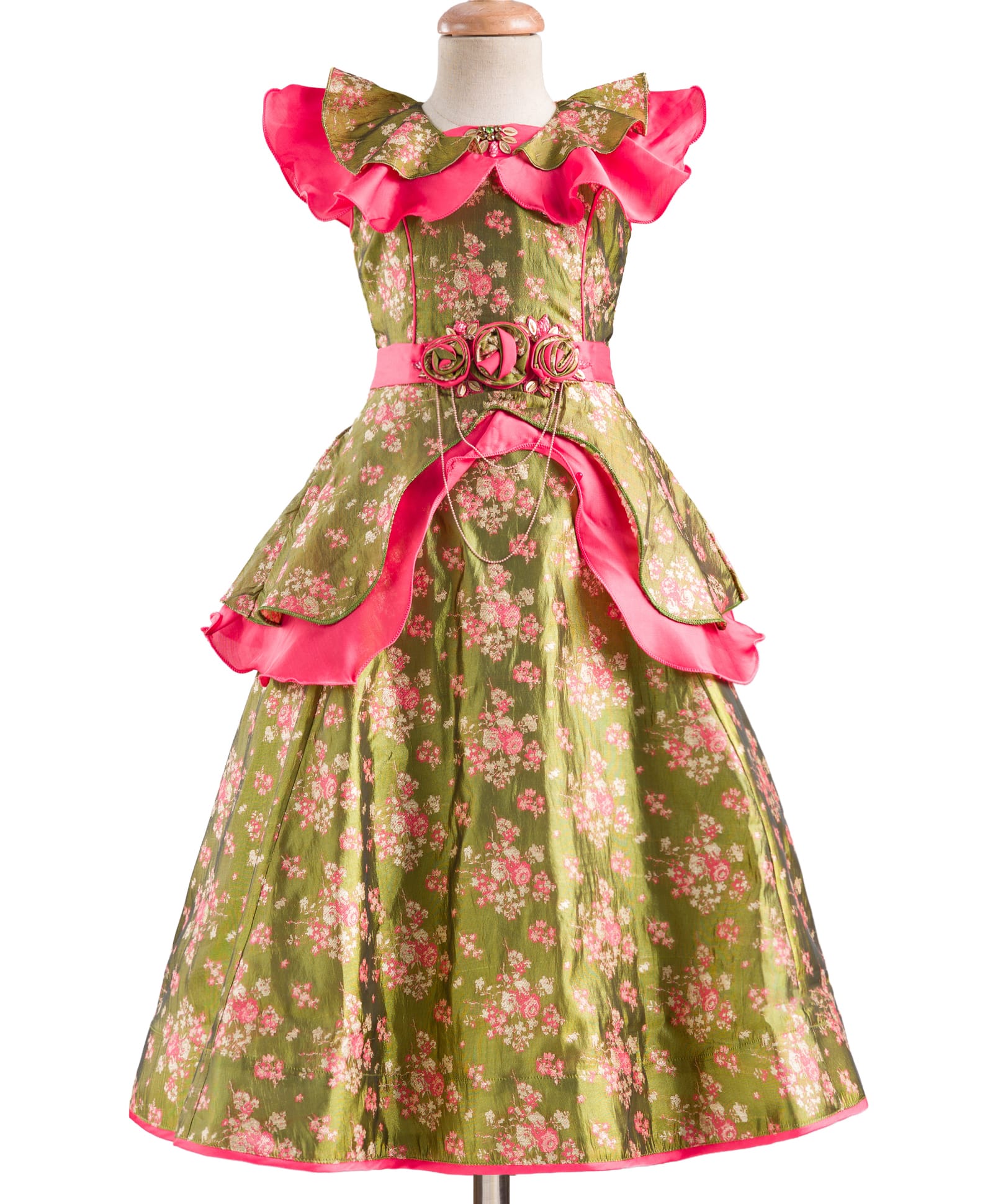 Enfance Jacquard Woven Sleeveless Floral Printed Ethic Dress with Applique Pearl & Rhinestones Detailing - Green-picture-39