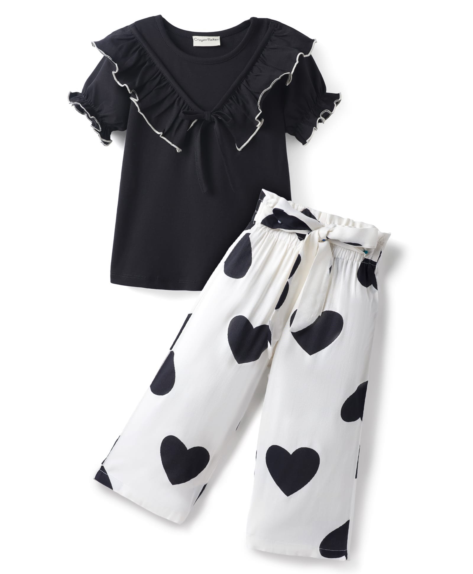 CrayonFlakes Cotton Knit Half Sleeves Frill Detailed Top & Pant Set - Black-picture-10
