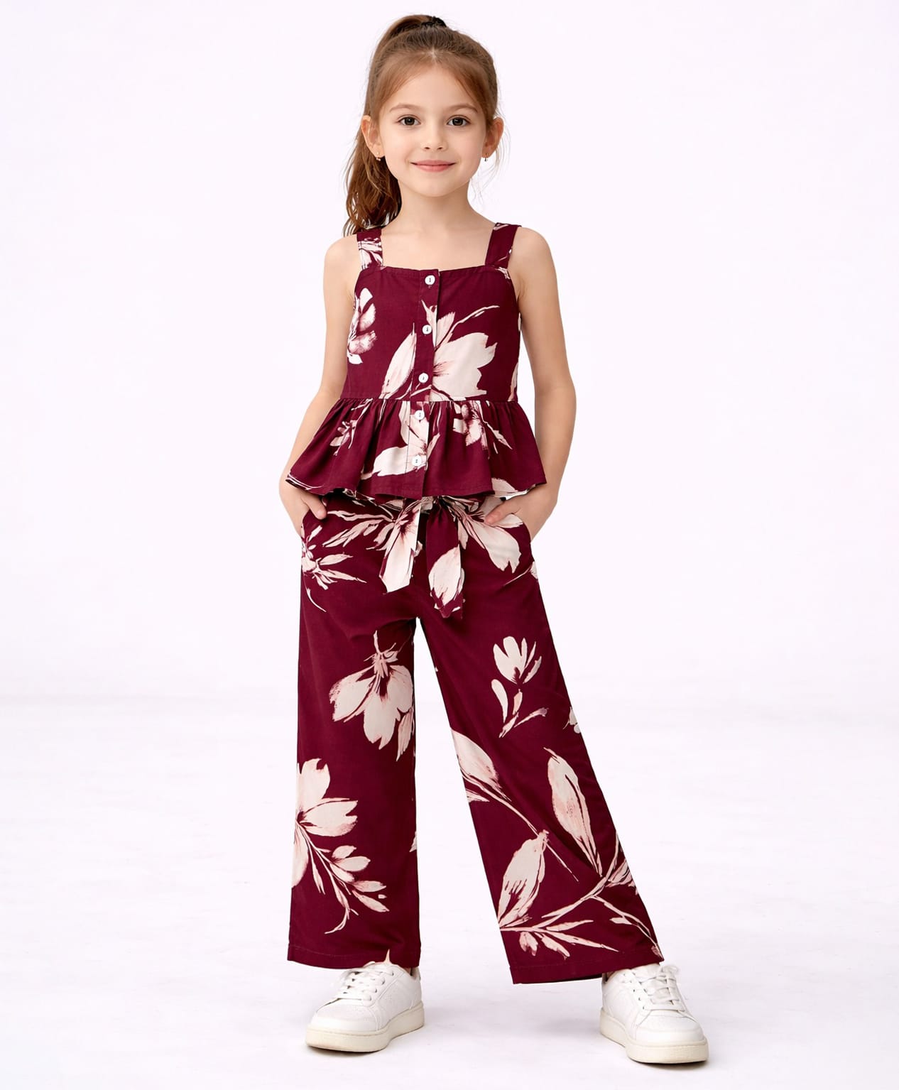 CrayonFlakes Rayon Woven Sleeveless Floral Printed Coordinating Top & Pant Set - Burgundy-picture-38