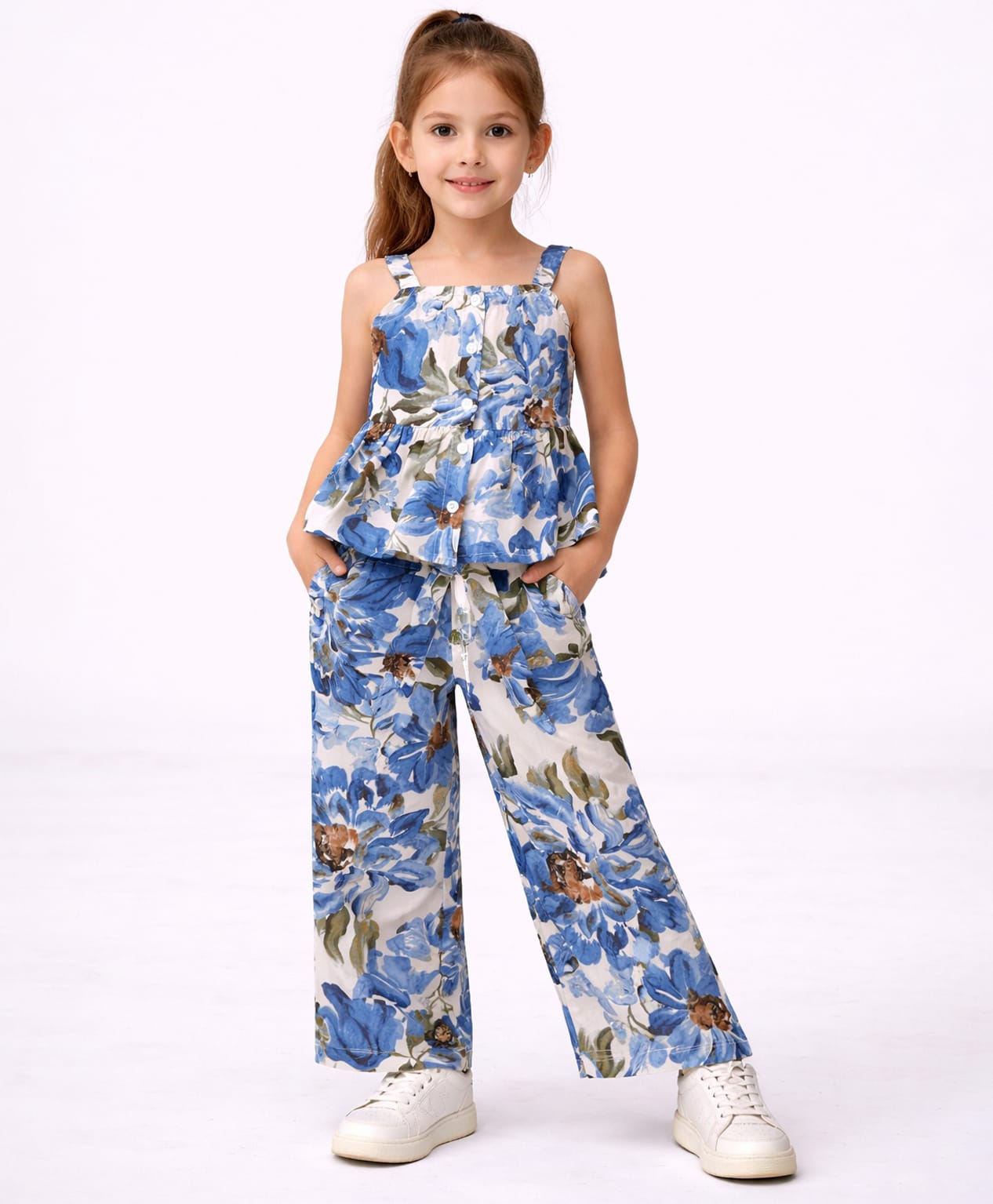 CrayonFlakes Rayon Woven Sleeveless Floral Printed Coordinating Top & Palazzo Set - Off White-picture-21
