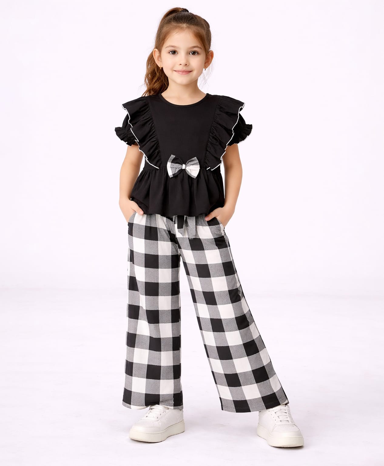 CrayonFlakes Cotton Knit Half Puffed Sleeves Bow Applique Frill Detailed Top & Pants Set -Black-image-14