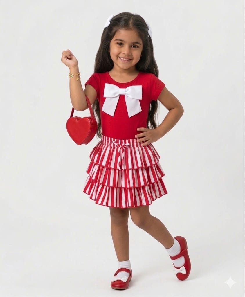 CrayonFlakes Cotton Knit Frill Sleeves Bow Applique Detailed Top & Skirt Set - Red-image-34