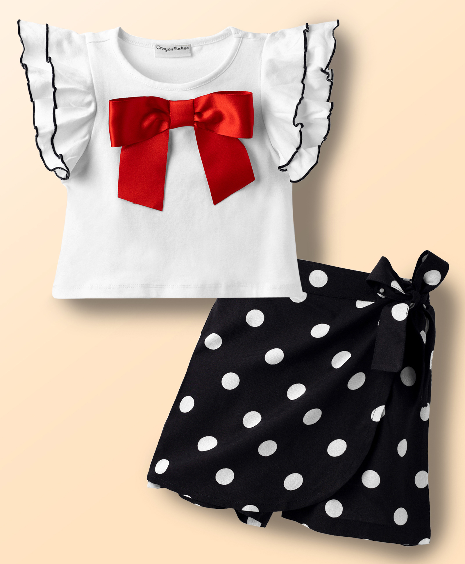 CrayonFlakes Cotton Knit Frill Sleeves Bow Applique Detailed Top & Skort Set - White-picture-28