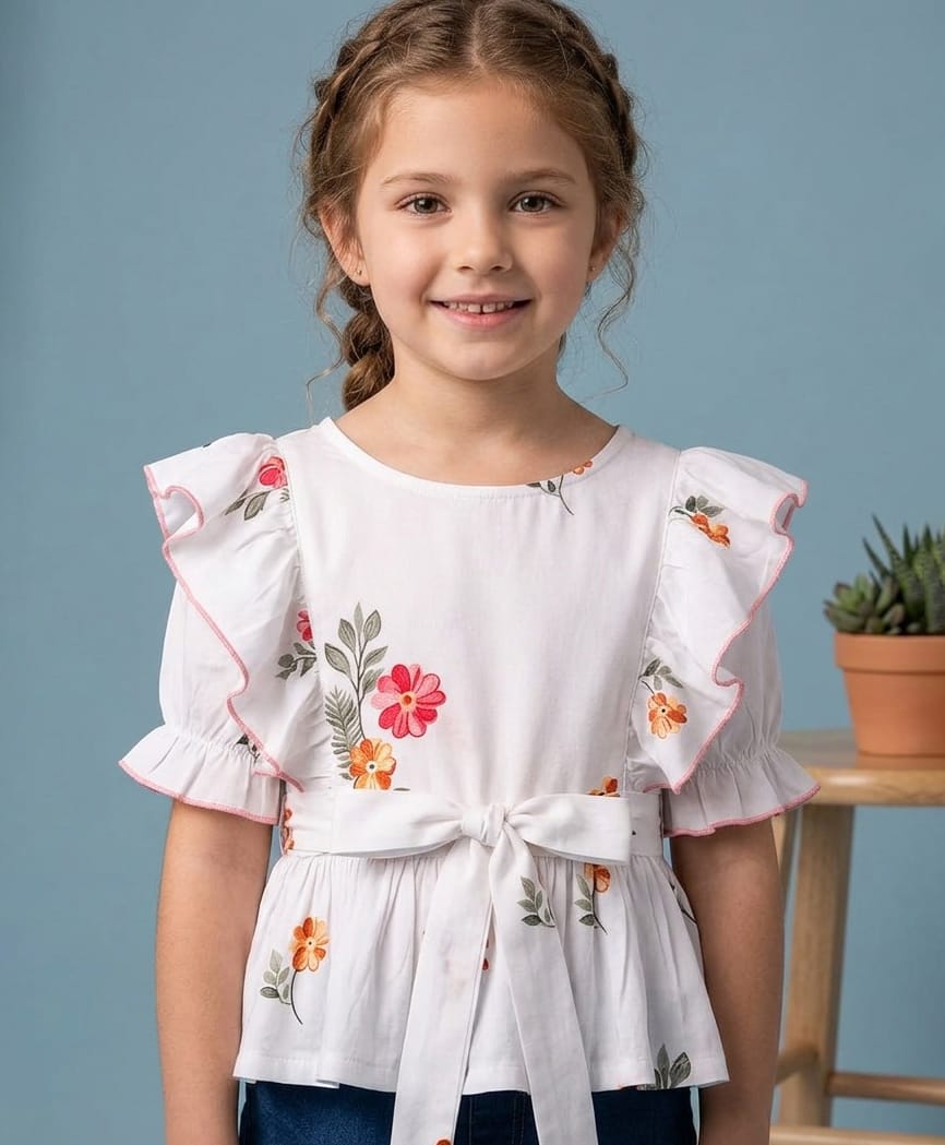 CrayonFlakes Cotton Woven Half Puffed Sleeves Frill Detailed & Floral Printed Top - White-picture-13
