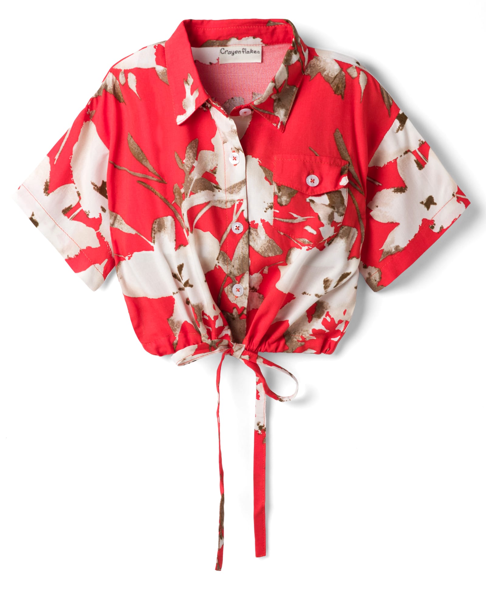 CrayonFlakes Rayon Woven Half Sleeves Floral Printed & Knot Detailed Shirt Style Top - Red-picture-12