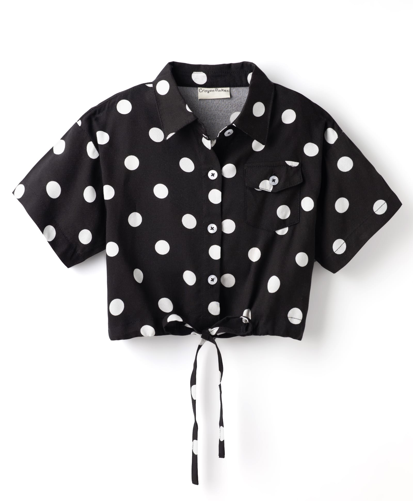 CrayonFlakes Rayon Woven Half Sleeves Polka Dots Printed & Knot Detailed Shirt Style Top - Black-picture-6