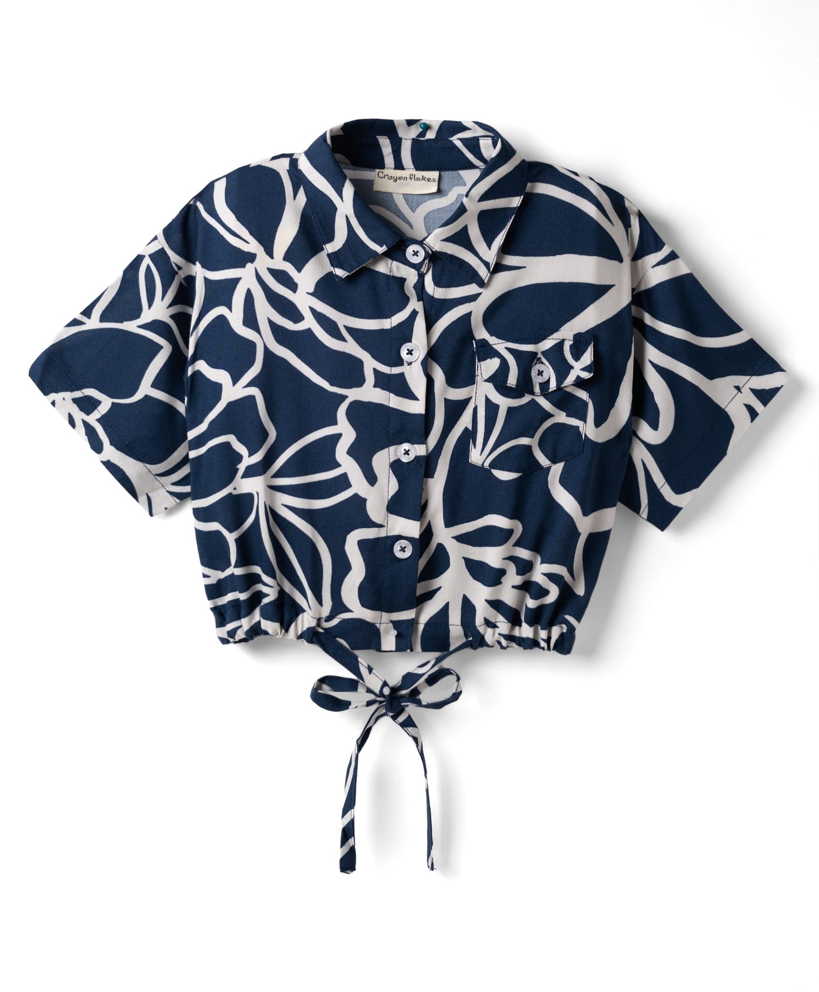 CrayonFlakes Rayon Woven Half Sleeves Floral Printed & Knot Detailed Shirt Style Top - Navy Blue-picture-20