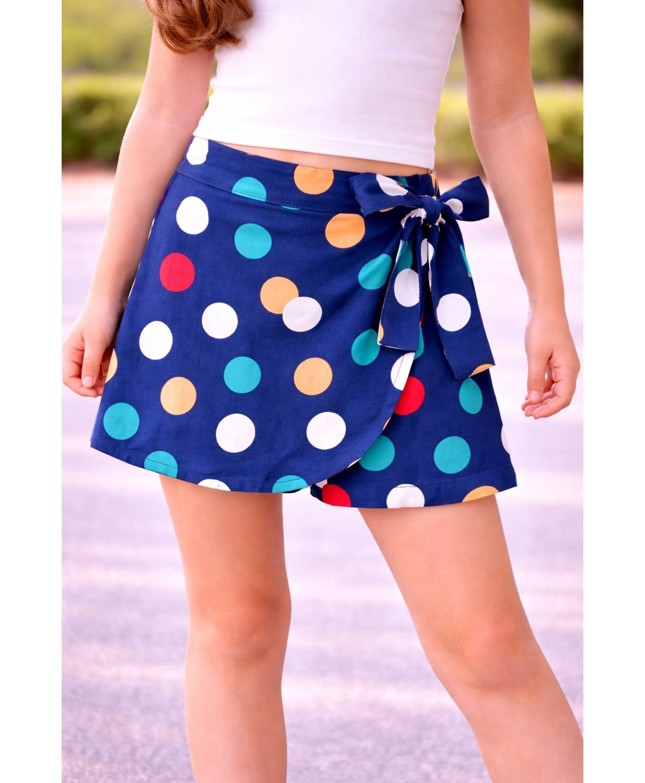 CrayonFlakes Rayon Woven Polka Dots Printed Bow Applique Detailed Skort - Navy Blue-picture-24