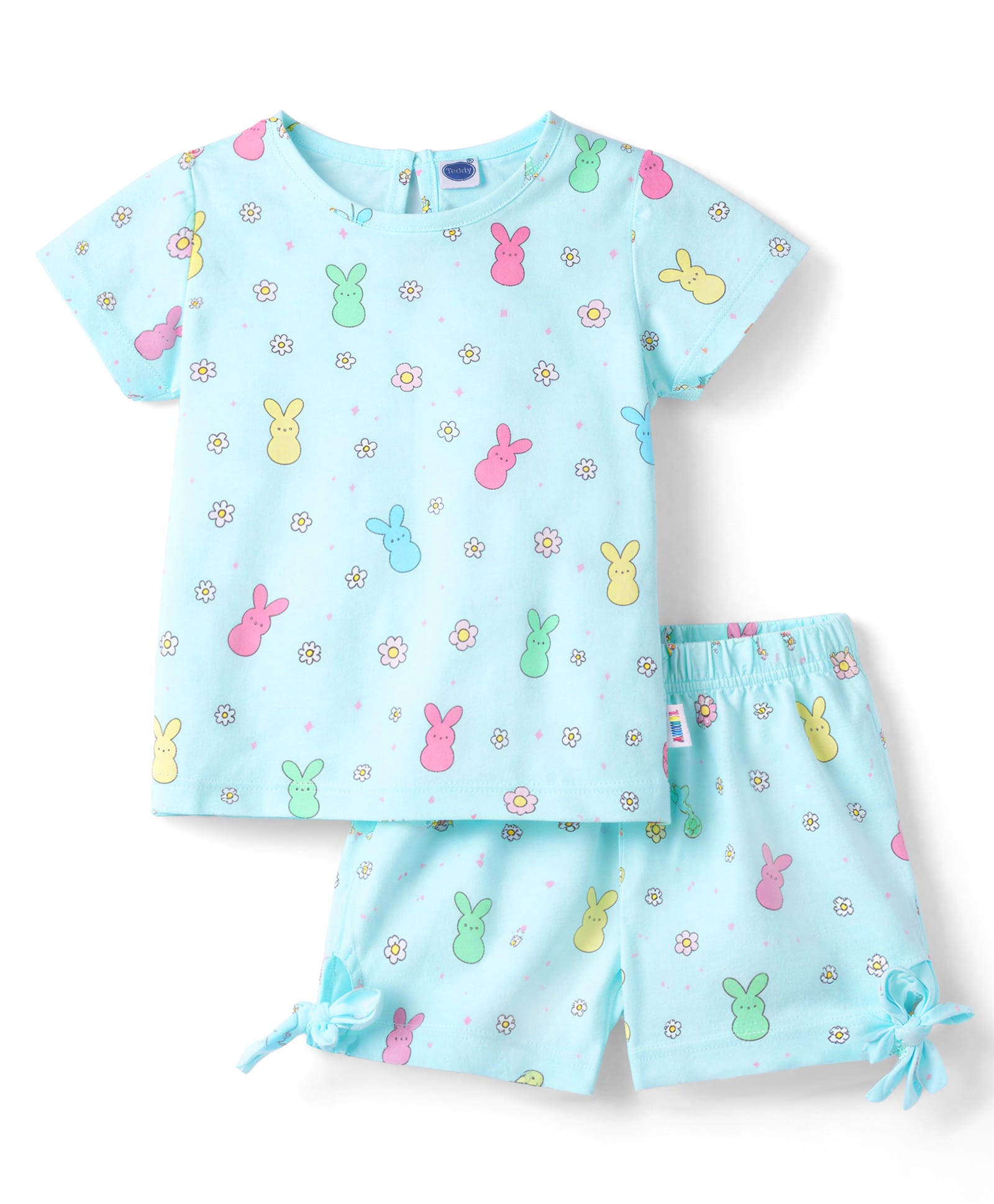 Teddy Sinker Knit Half Sleeves T-Shirt & Shorts Co-ord Night Suit with Bunny & Floral Print - Light Blue-picture-37