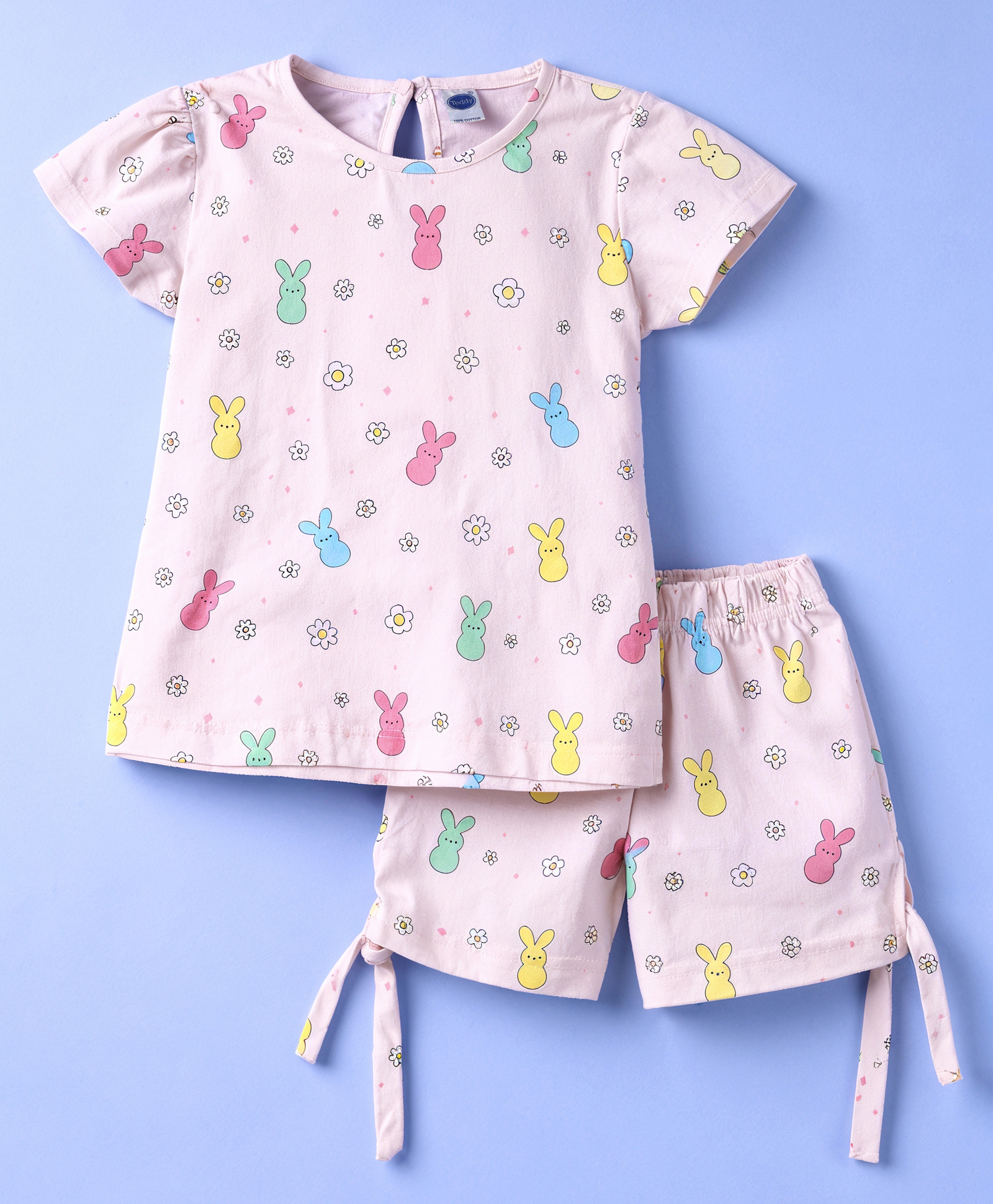 Teddy Sinker Knit Half Sleeves T-Shirt & Shorts Co-ord Night Suit with Bunny & Floral Print - Pink-picture-34