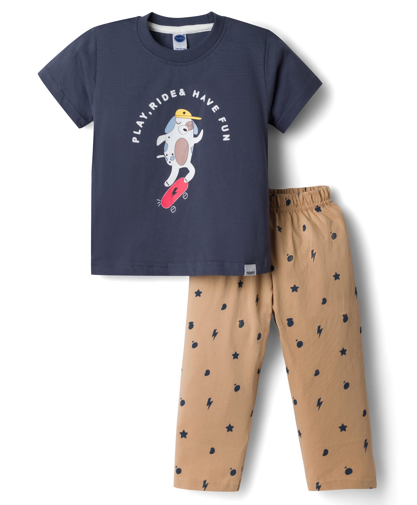 Teddy Single Jersey Knit Half Sleeves T-Shirt & Lounge Pant Set with Dog Print - Charcoal Grey-image-48