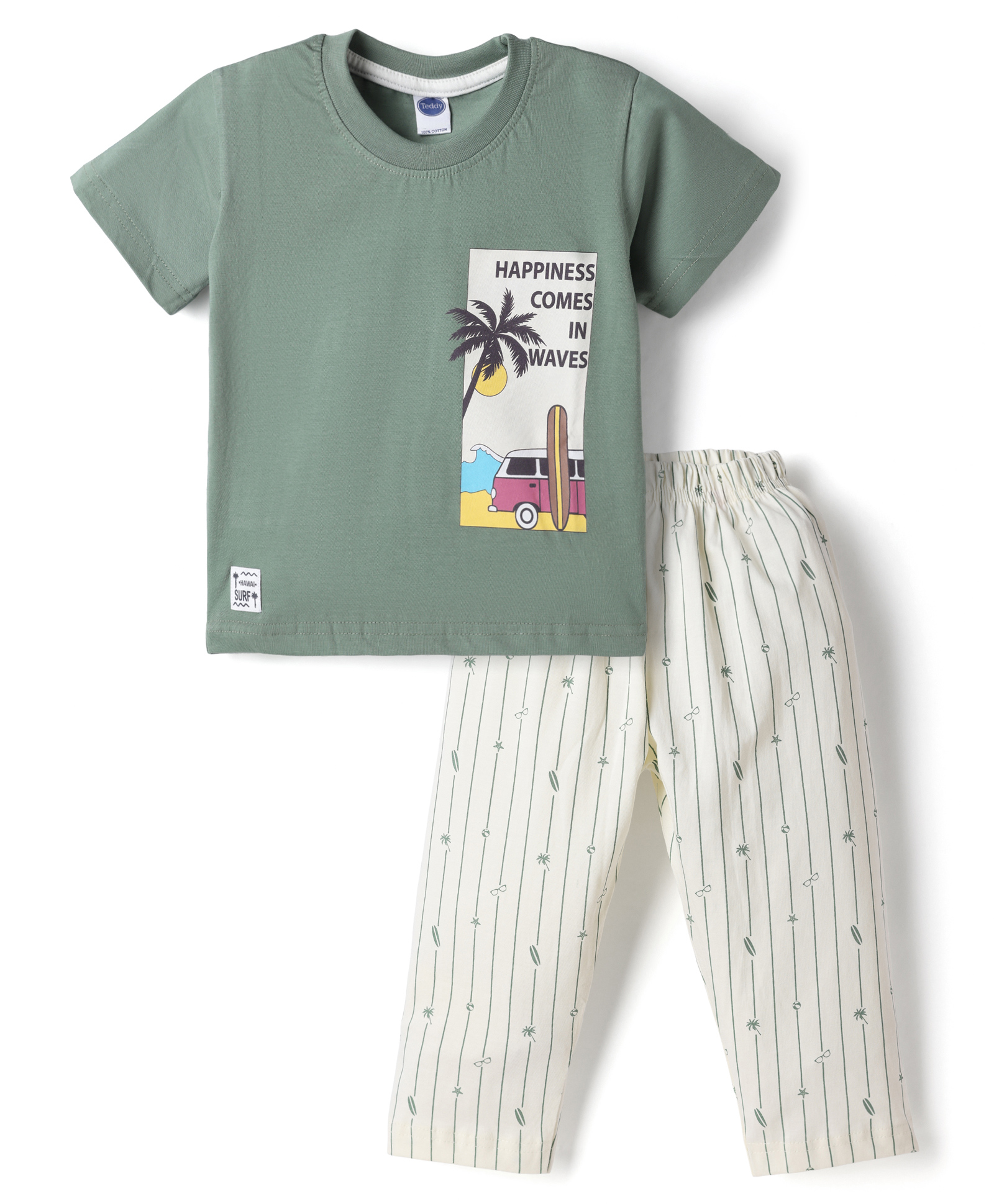 Teddy Single Jersey Knit Half Sleeves T-Shirt & Pant Set With Beach Theme - Green-picture-1
