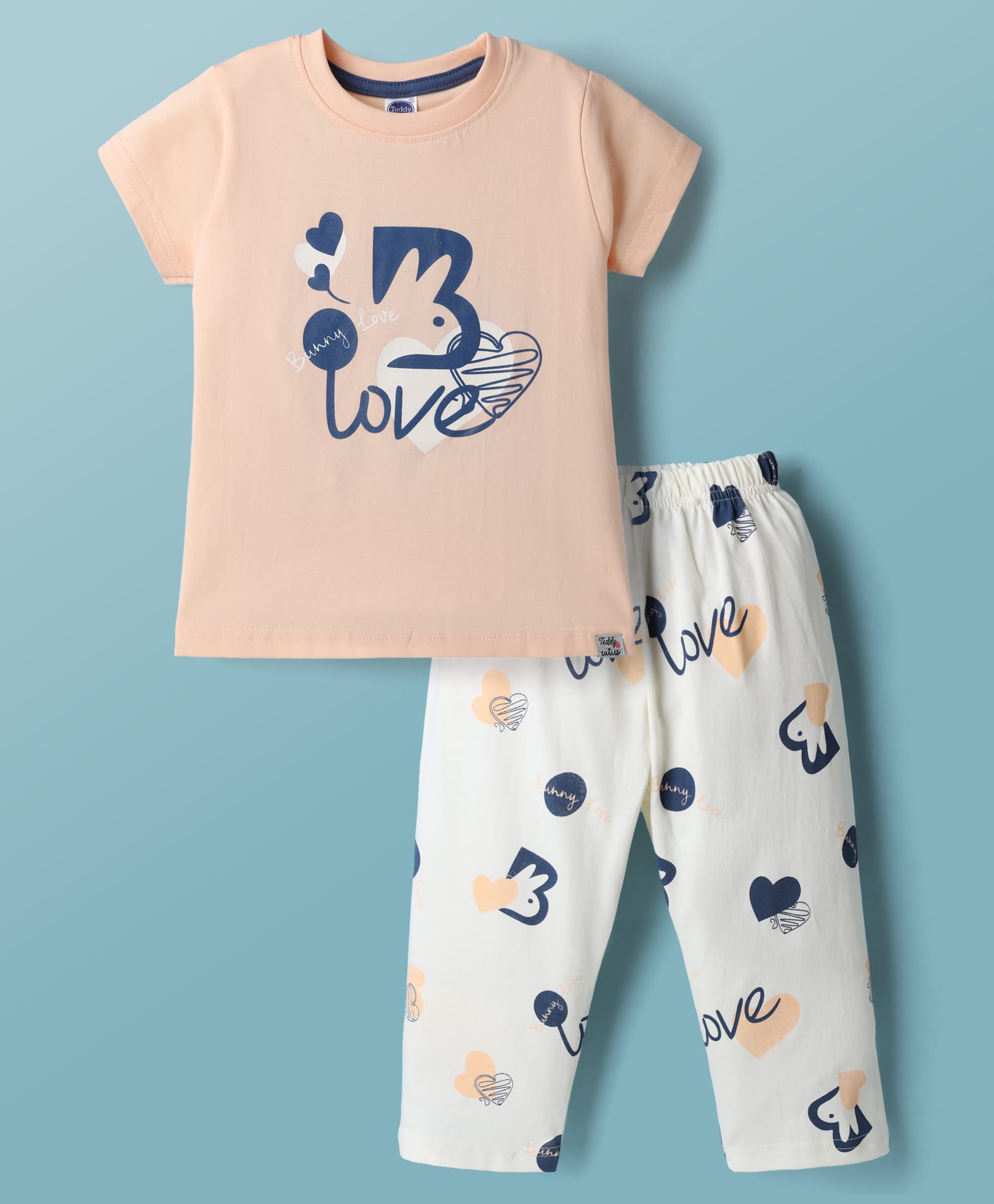 Teddy Single Jersey Knit Half Sleeves T-Shirt & Pant Set With Love Print - Peach-picture-22