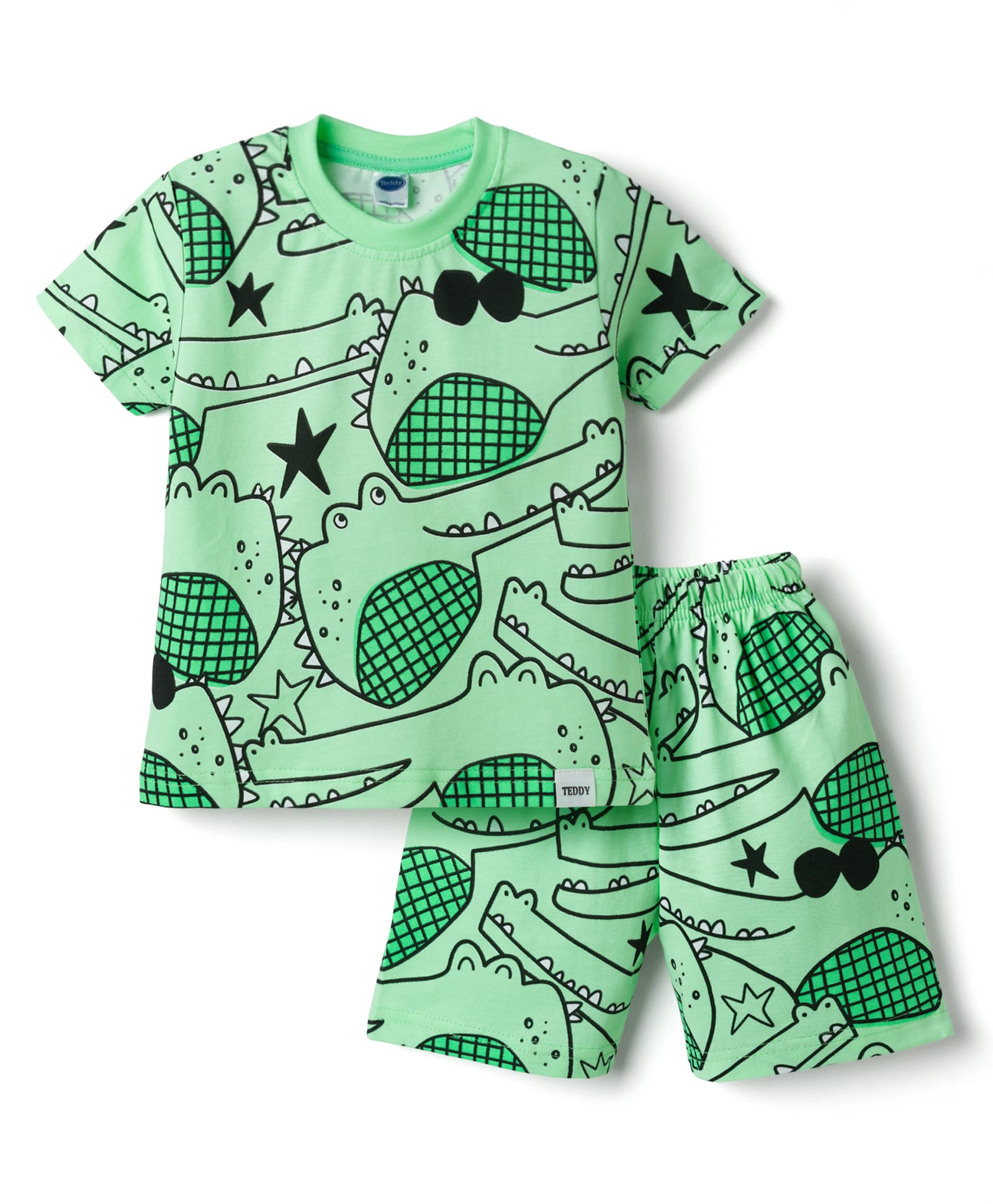Teddy Sinker Knit Half Sleeves T-Shirt & Shorts Co-ord Night Suit With Crocodile Print - Green-picture-18