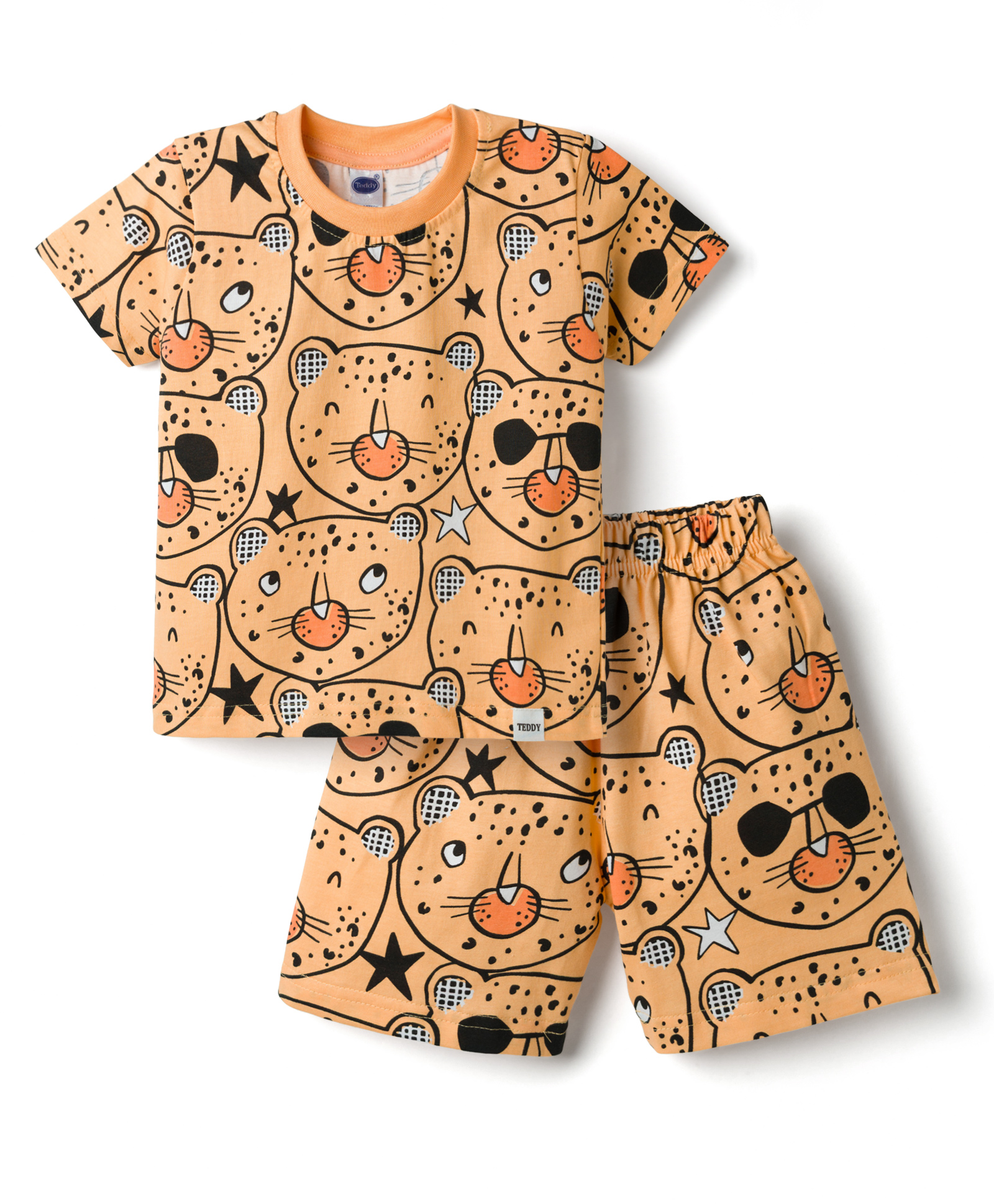 Teddy Sinker Knit Half Sleeves Co-Ords T-Shirt & Shorts Night-Suit With Tiger Print - Orange-image-40