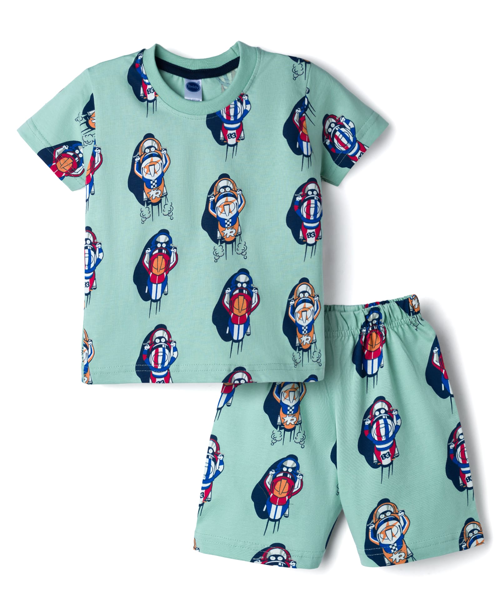 Teddy Sinker Knit Half Sleeves T-Shirt & Shorts Co-ord Night Suit With Racing Print - Sea Green-image-29