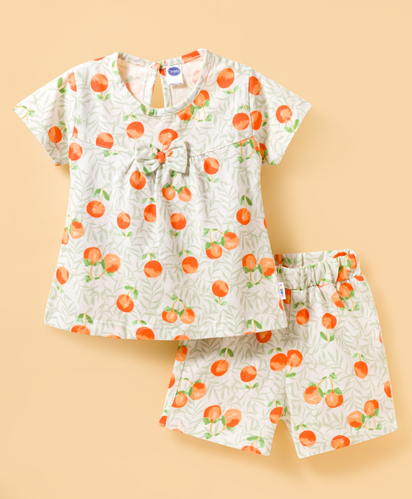 Teddy Sinker Knit Half Sleeves Co-Ord Top & Shorts Night-Suit With Tropical Theme & Bow Applique - Cream-image-47
